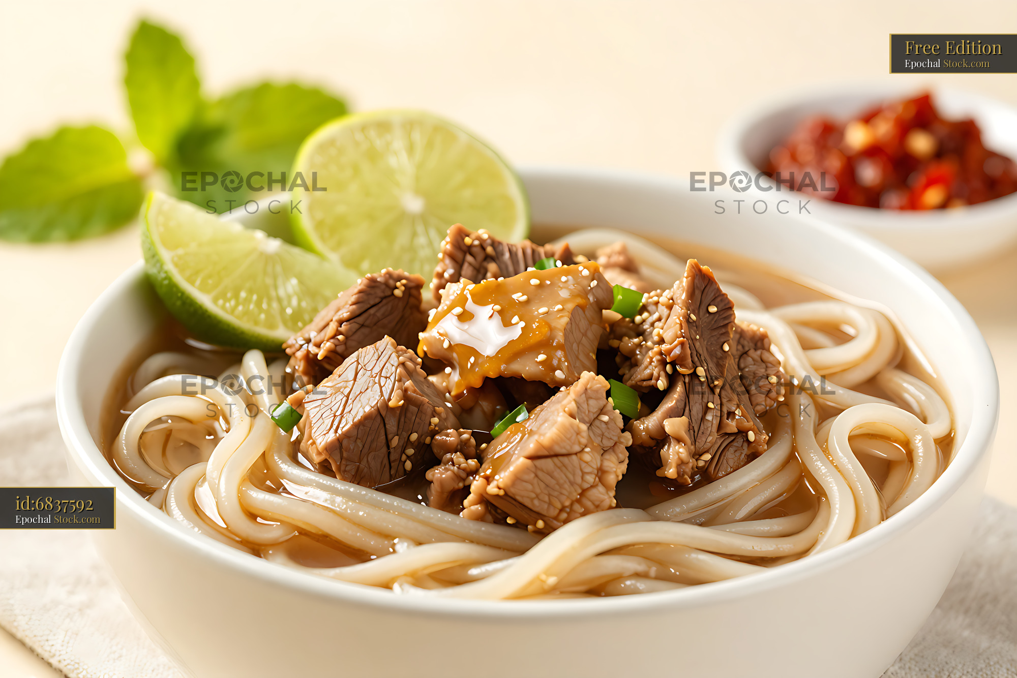 Bowl of spicy Hue bun bo hue with pork and fresh rice noodles - stock photo