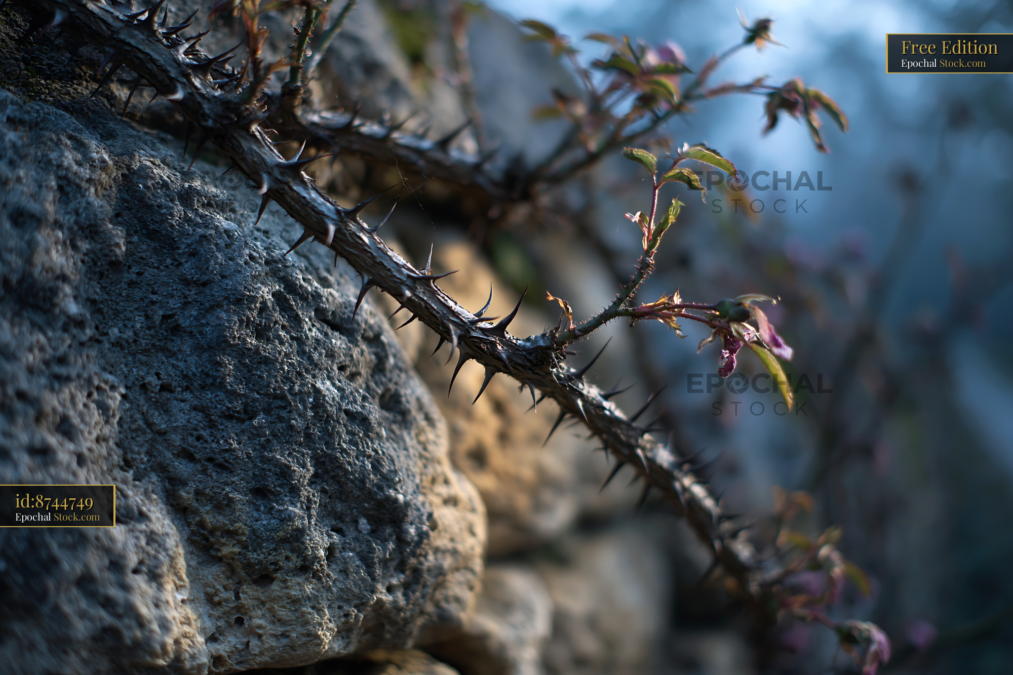Sharp thorns on a wild rose vine growing over a textured stone wall