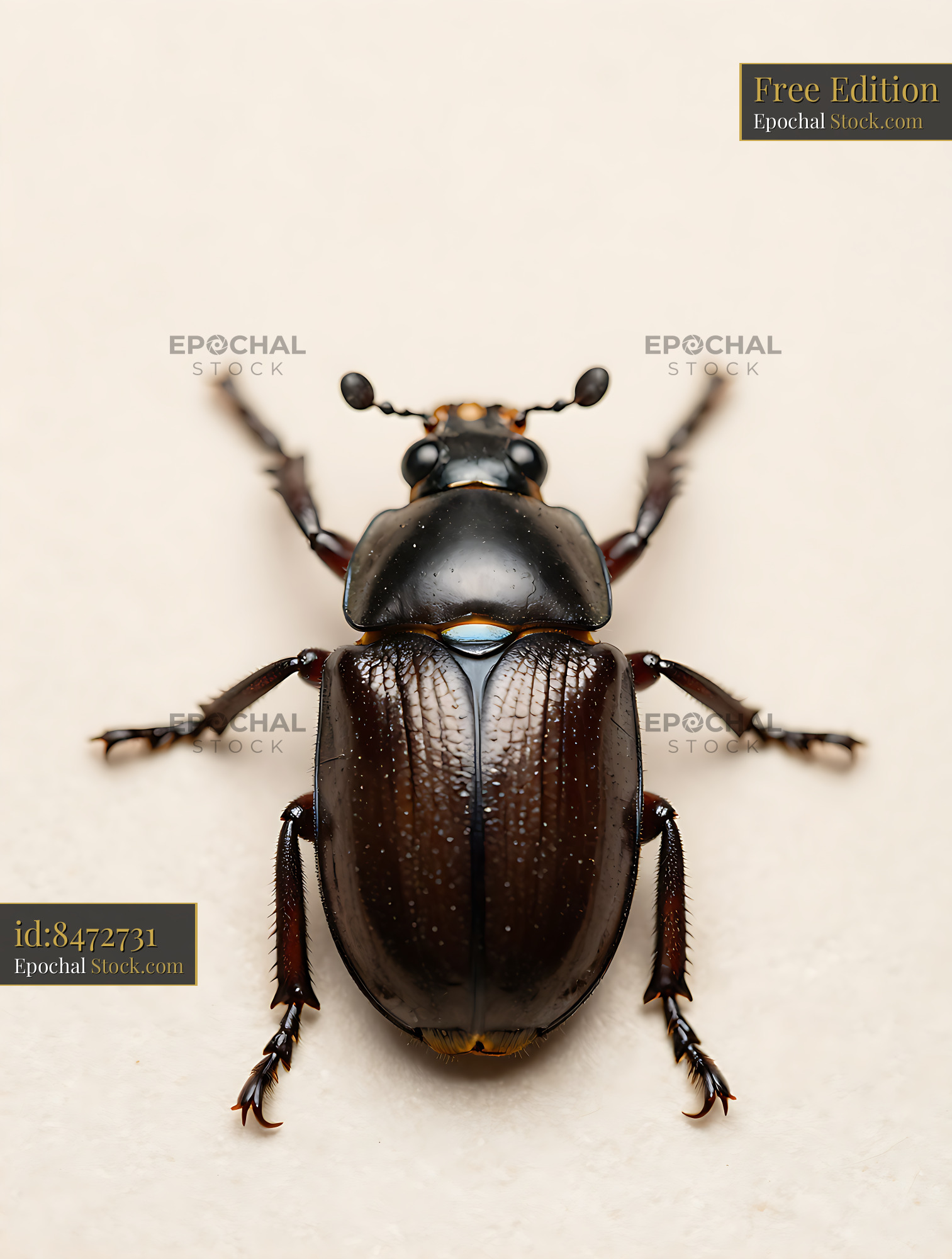Imperial caterpillar beetle with shiny dark shell on light surface - stock photo