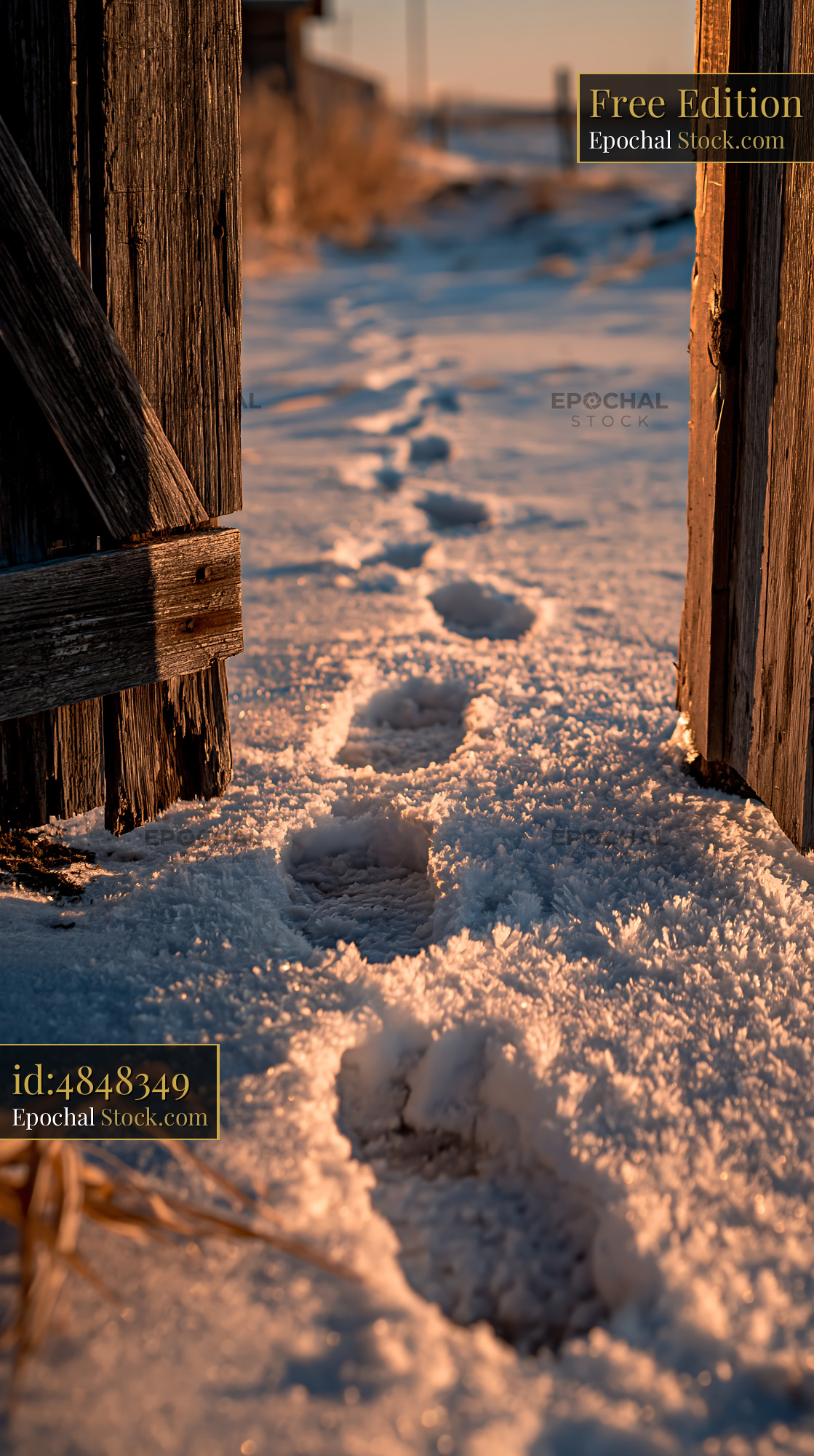 Footprints in deep snow leading through an open wooden gate at sunset - stock photo