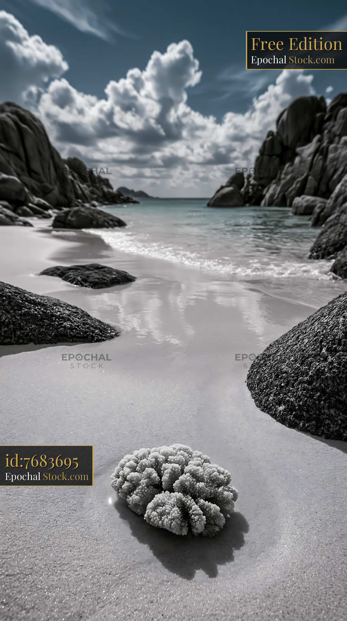 Single coral piece on a remote white sand cove at low tide - stock photo