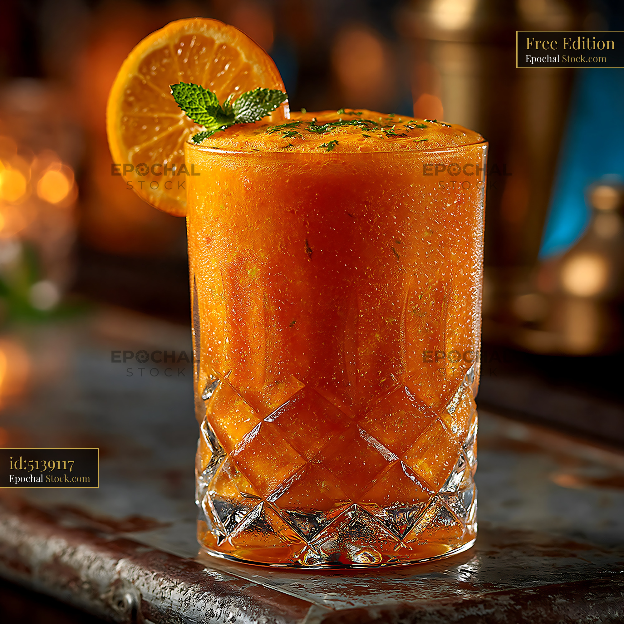 Mikan orange smoothie with mint garnish in a crystal glass at a bar - stock photo