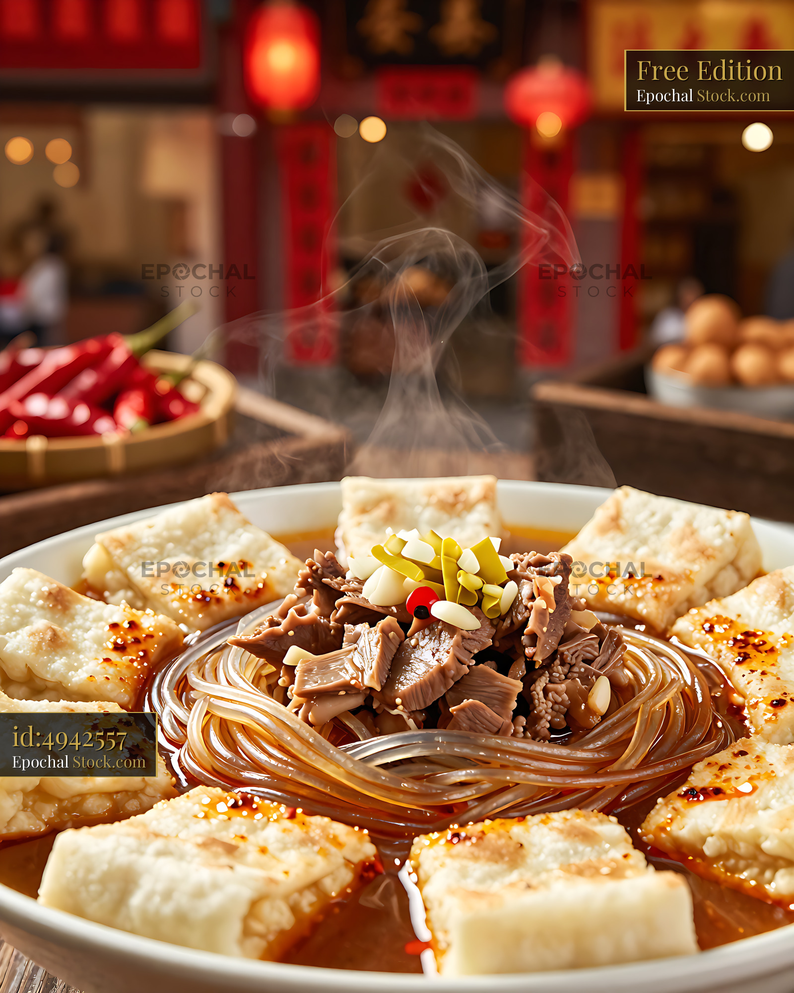 Steaming bowl of traditional Yangrou Pao Mo lamb soup with flatbread - stock photo