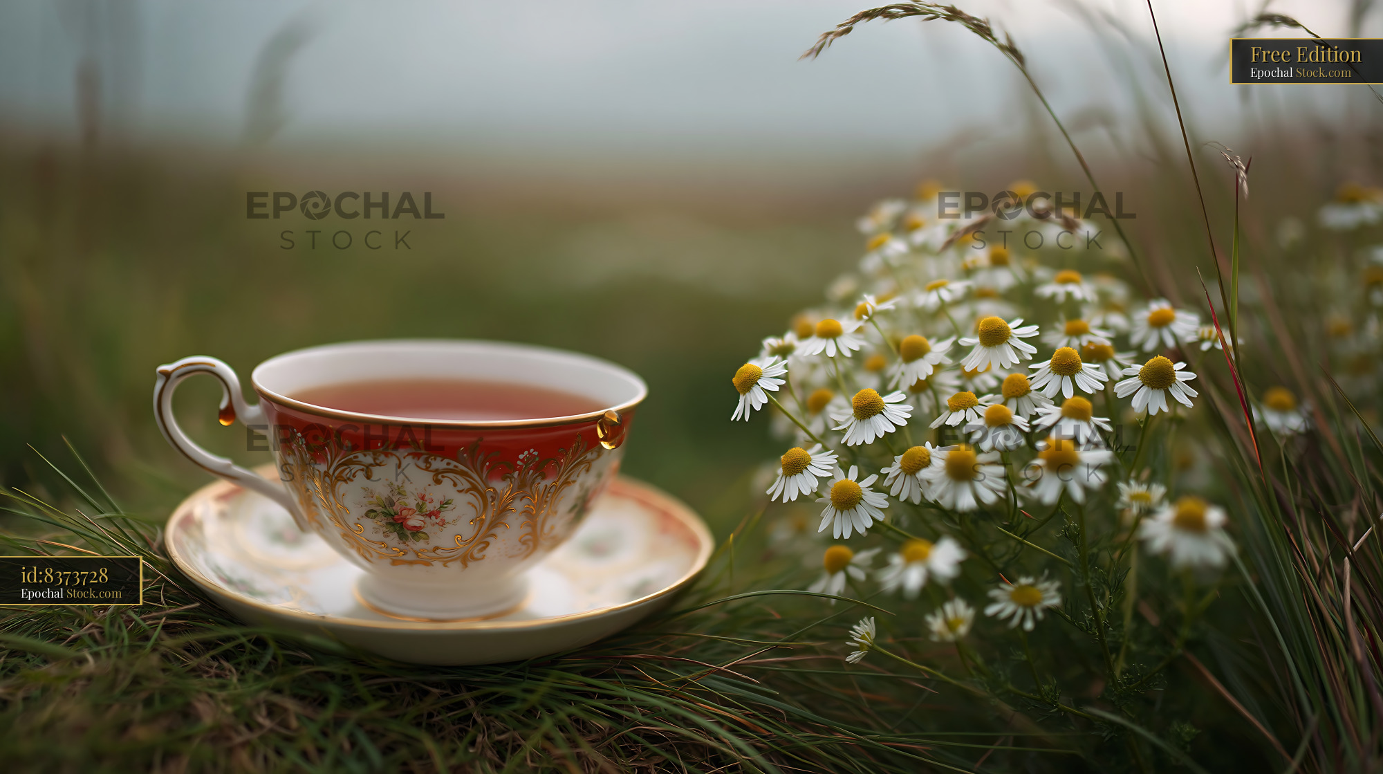 Vintage porcelain tea cup in a flower meadow with wild chamomile