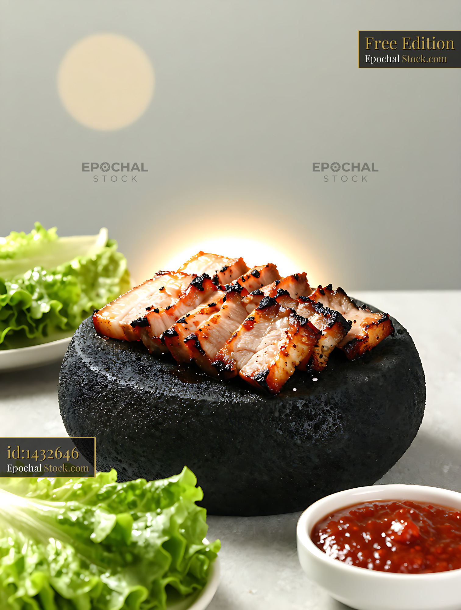Grilled Jeju black pork belly served on a traditional volcanic stone - stock photo