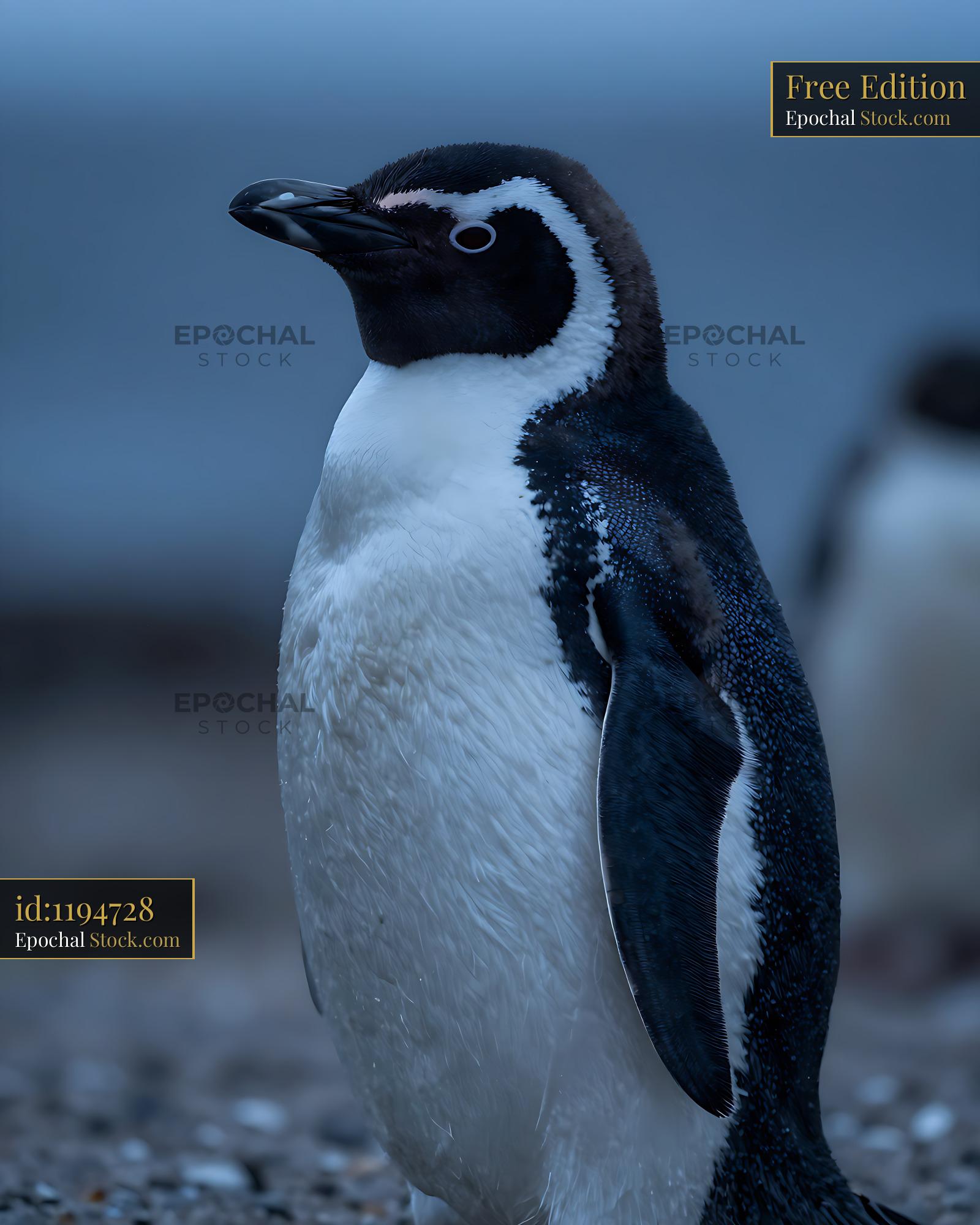 Magellanic penguin standing on a pebble beach in cool blue light - stock photo