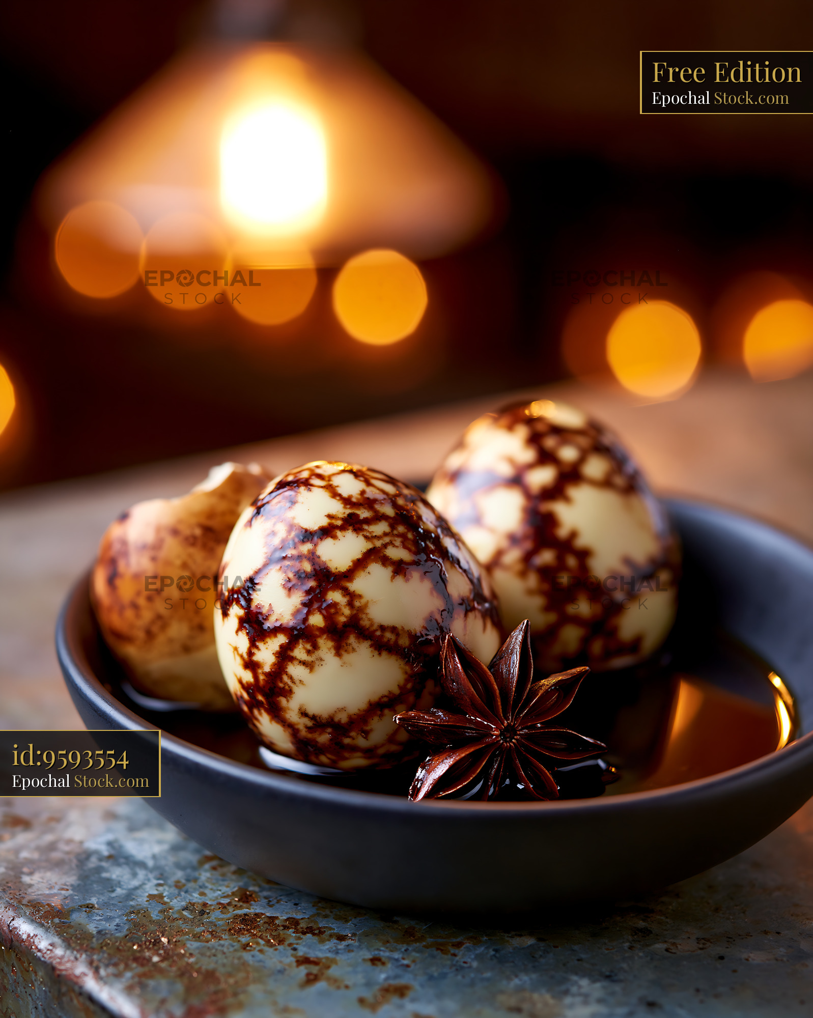 Traditional Chinese marbled tea eggs in a dark ceramic bowl - stock photo