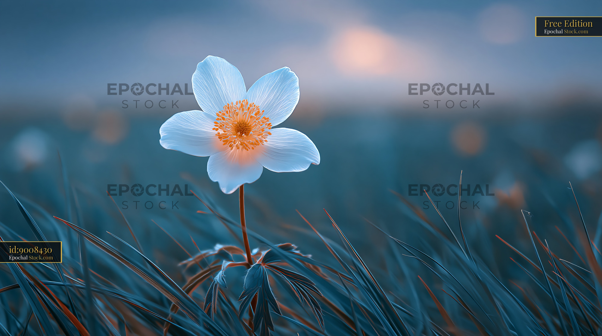 Delicate white wildflower in a dreamy blue meadow at twilight - stock photo