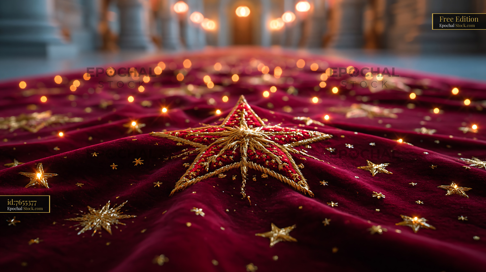 Luxurious red carpet with golden stars pattern in a festive hall - stock photo