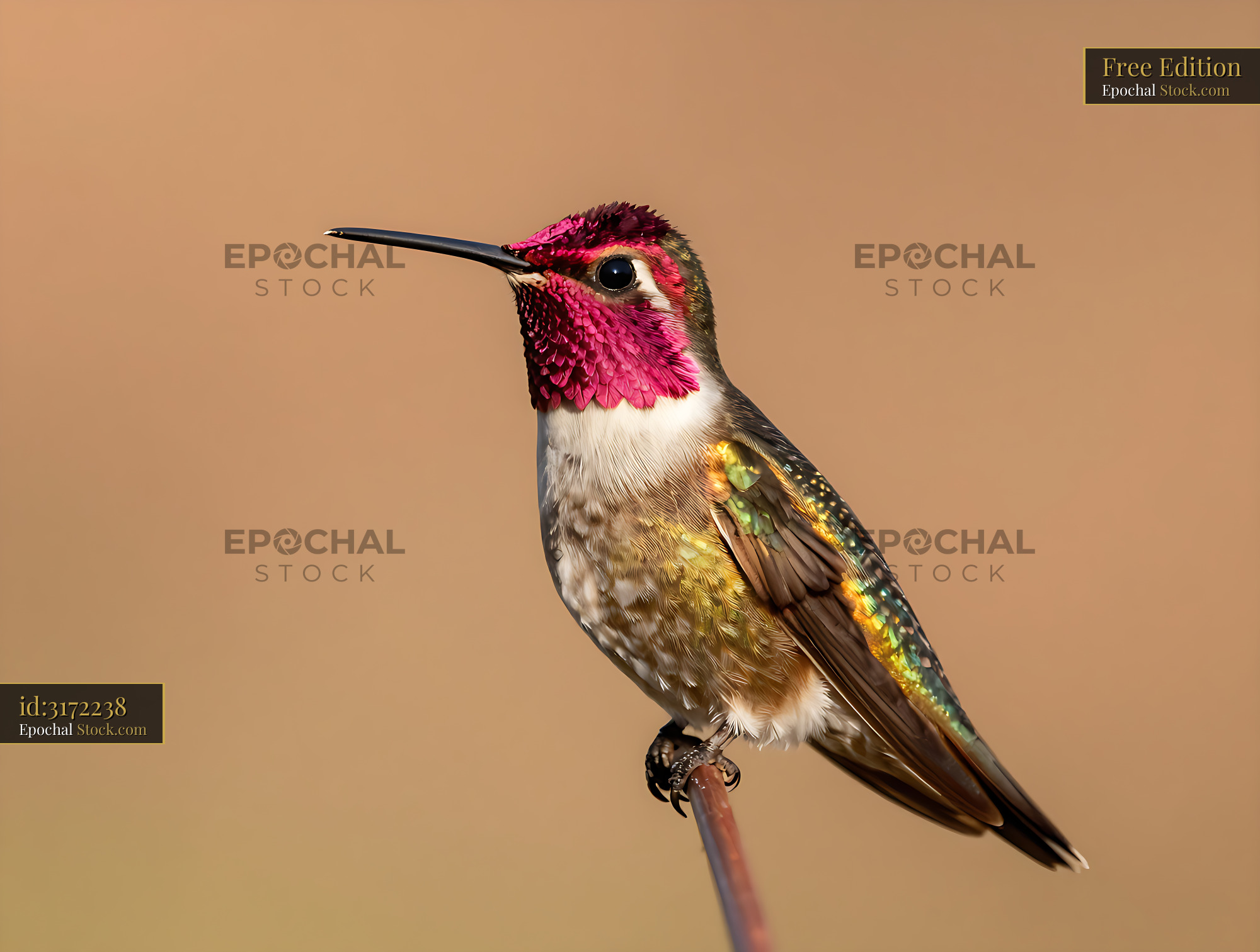 Male Anna's Hummingbird with iridescent pink feathers on a wire - stock photo
