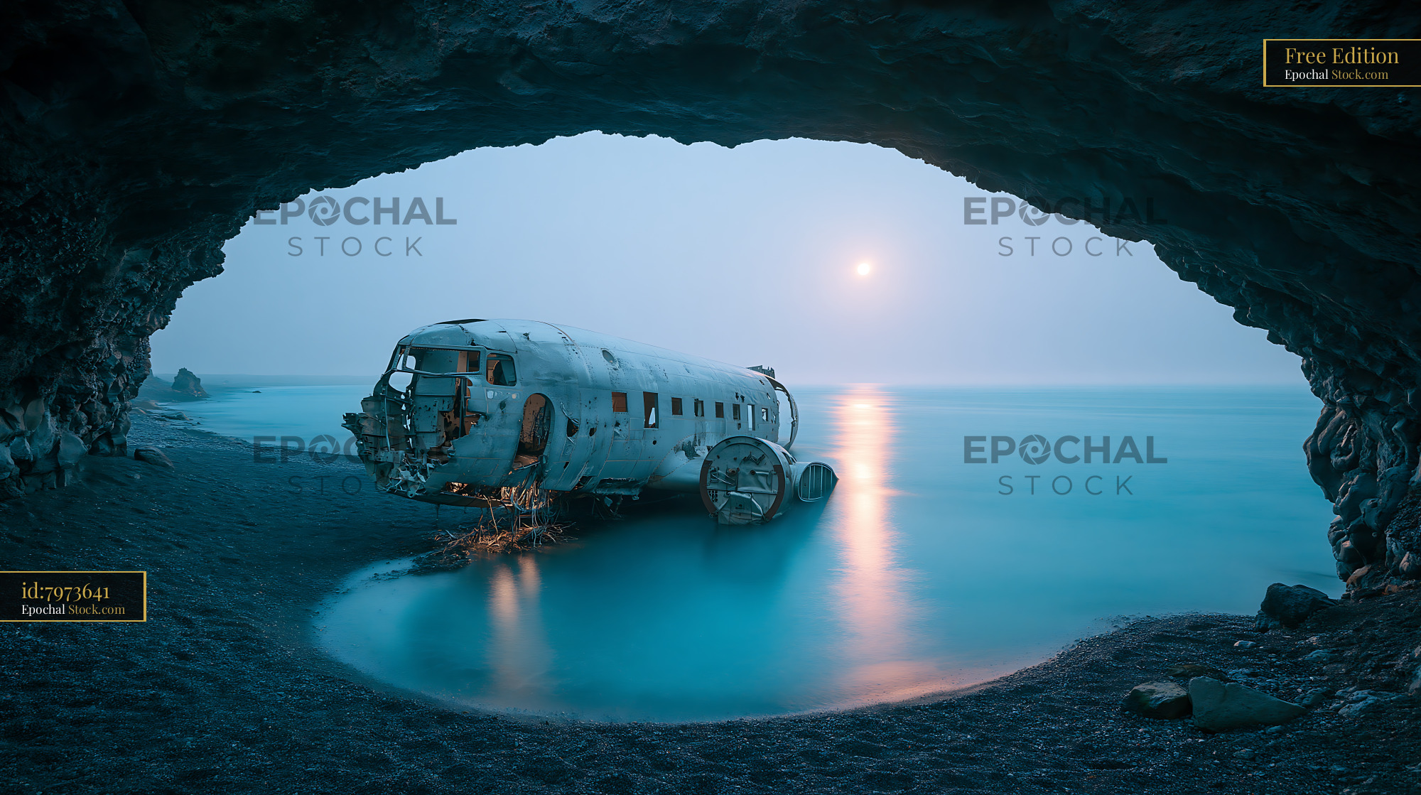 Old airplane wreckage on a beach framed by a dark cave at twilight - stock photo