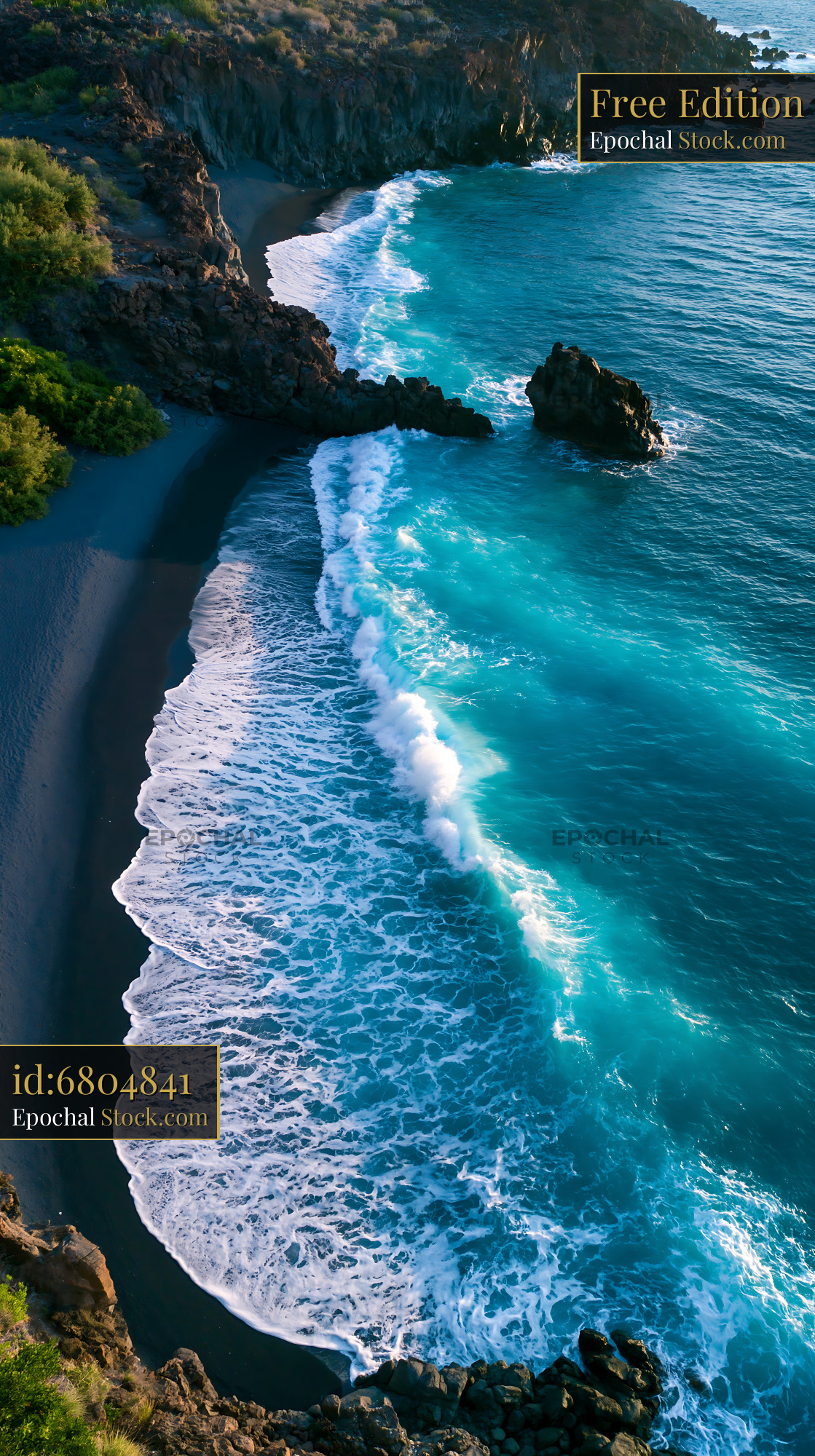 Aerial view of stromboli black lava sand shore with turquoise waves - stock photo