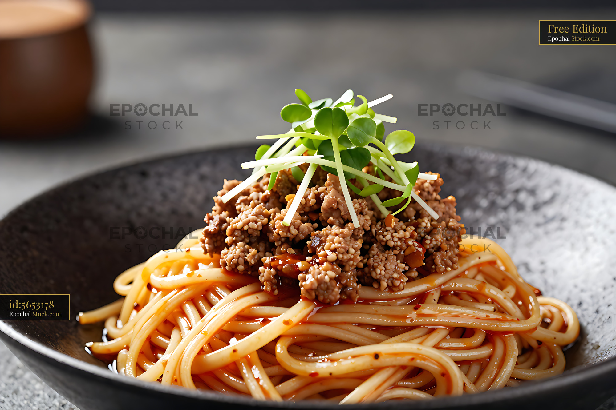 Spicy A5 Wagyu Dan Dan Mian with minced beef and fresh microgreens - stock photo