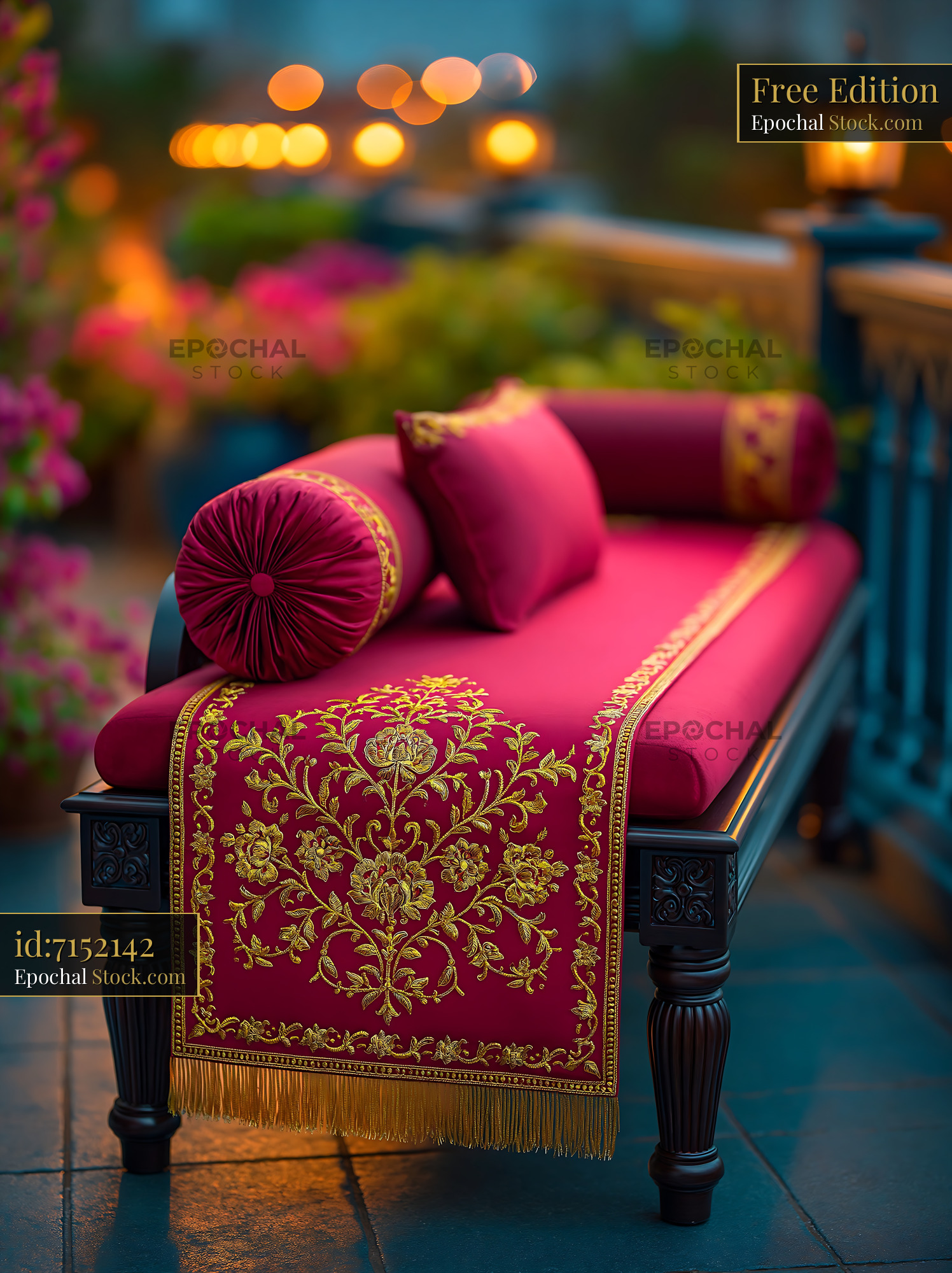 Ornate magenta balcony bench with throw and gold floral embroidery - stock photo