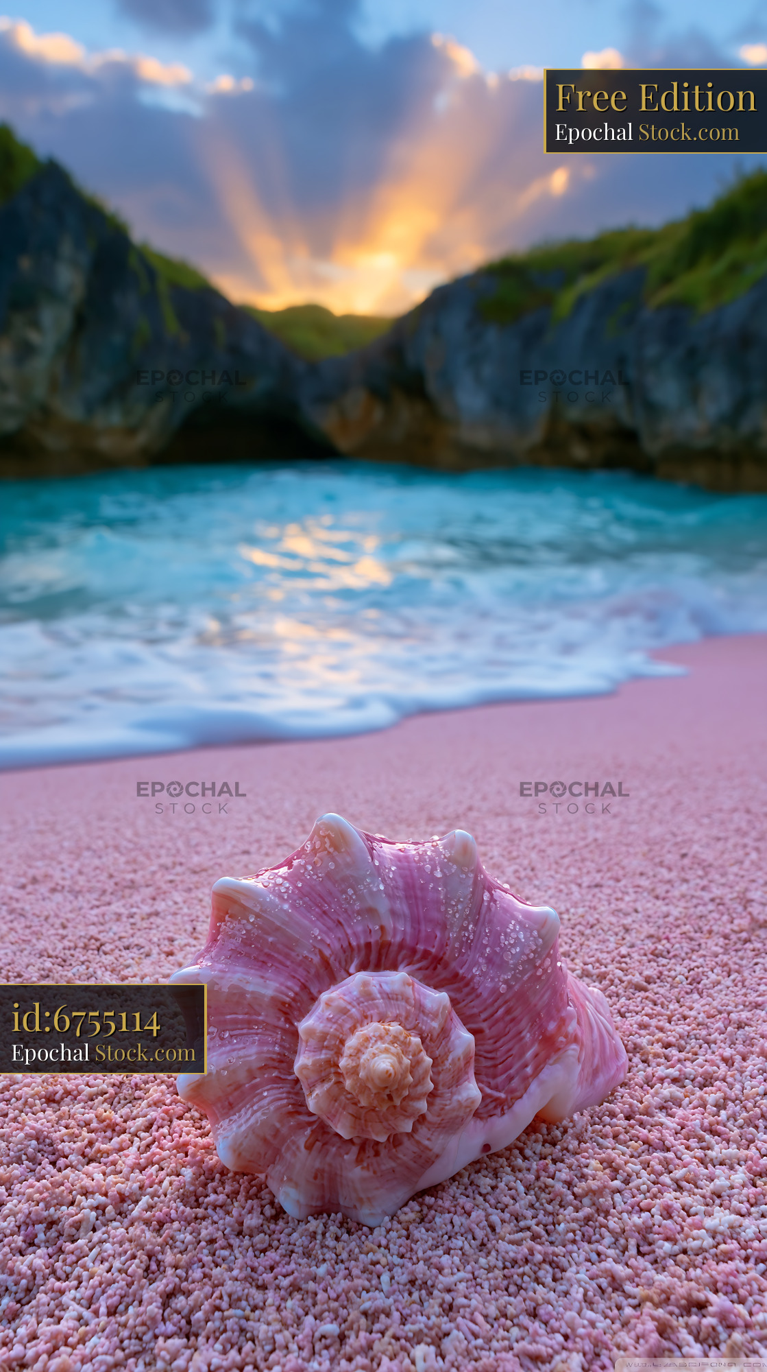 Pink seashell on pink sand beach in a tropical sinkhole at sunset - stock photo