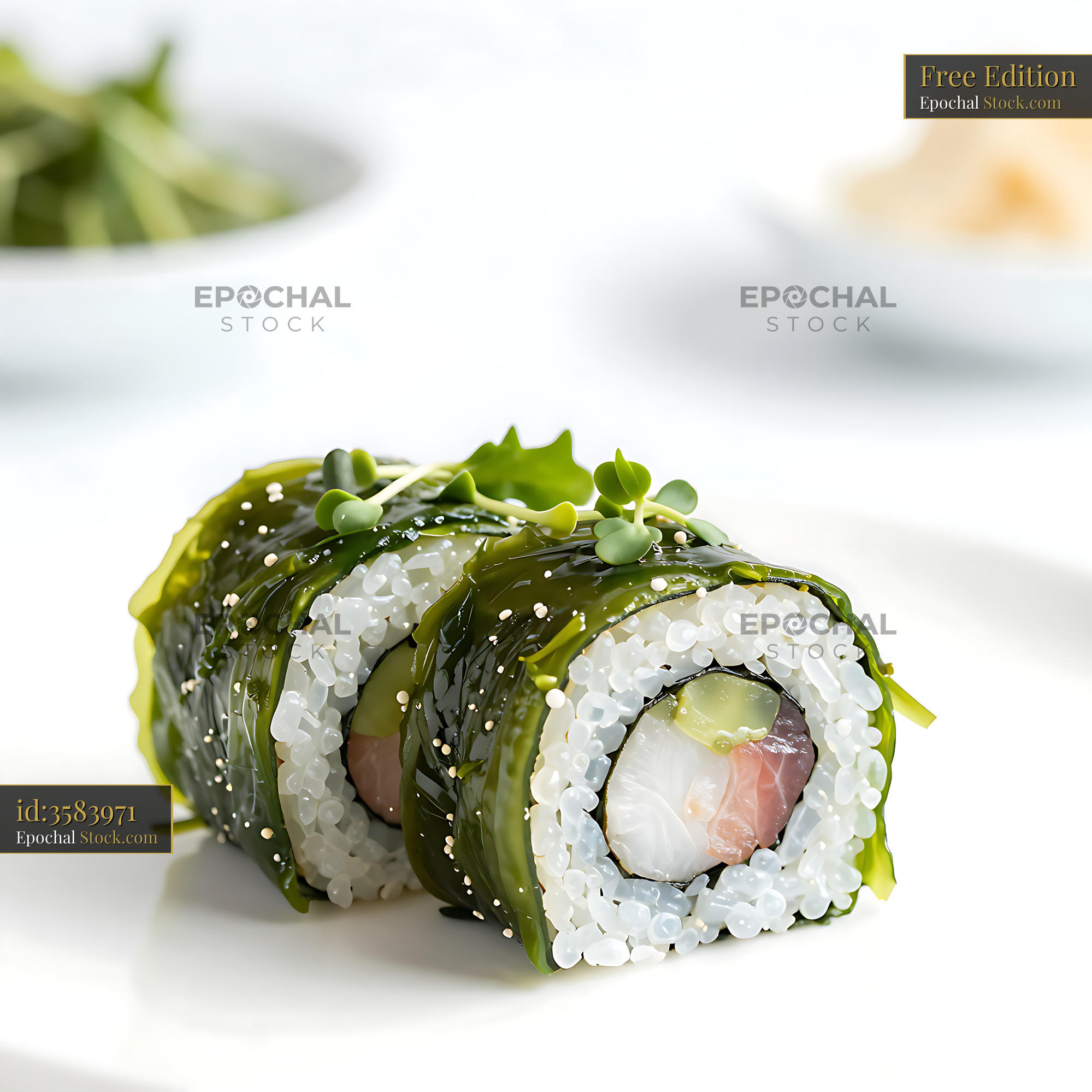 Gourmet tororo konbu maki sushi rolls with fresh fish and microgreens - stock photo