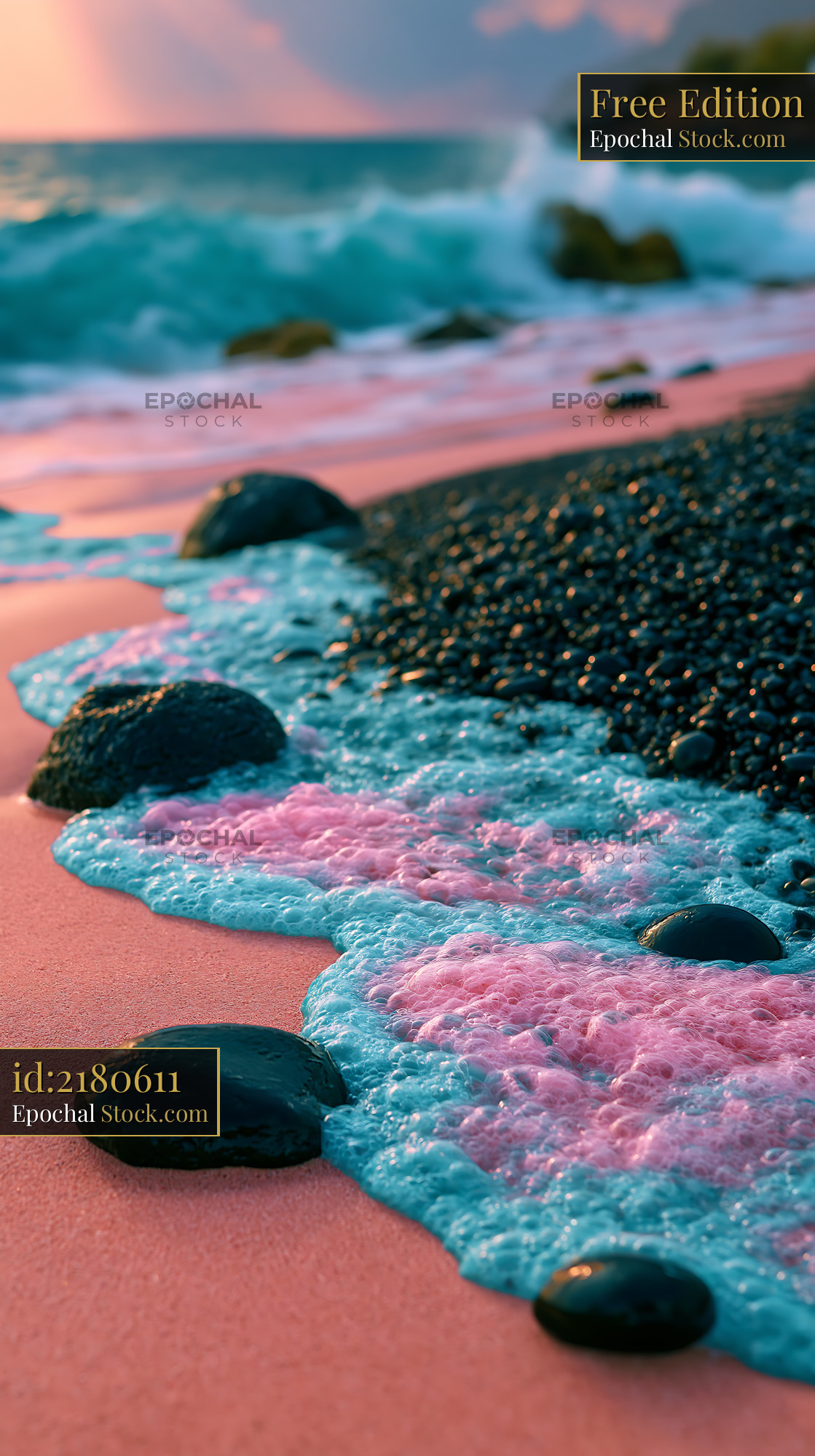 Surreal pink sand beach with turquoise foam and black volcanic pebbles - stock photo