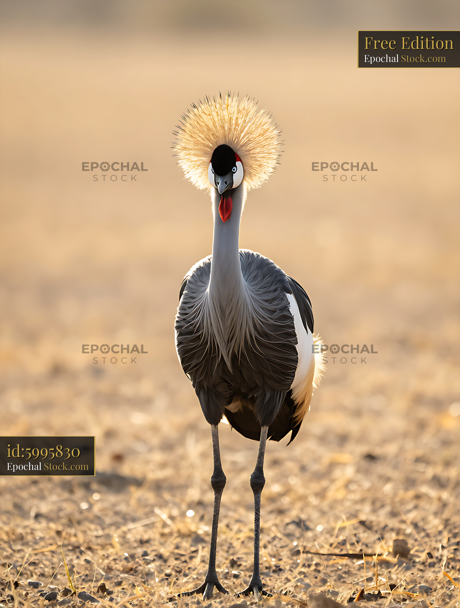 Grey crowned crane standing in a dry savanna field at sunset - stock photo