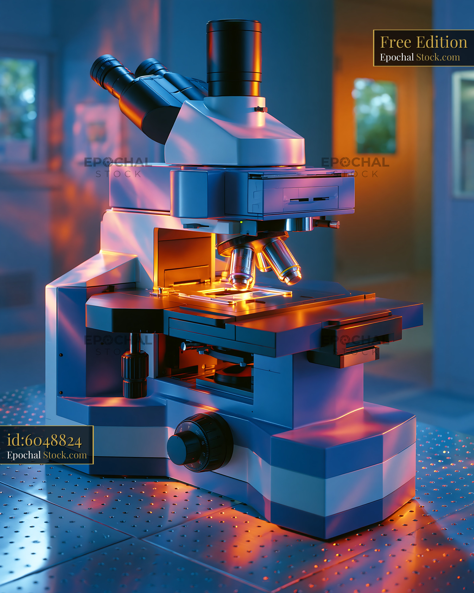 Modern laboratory microscope with dramatic blue and orange lighting - stock photo