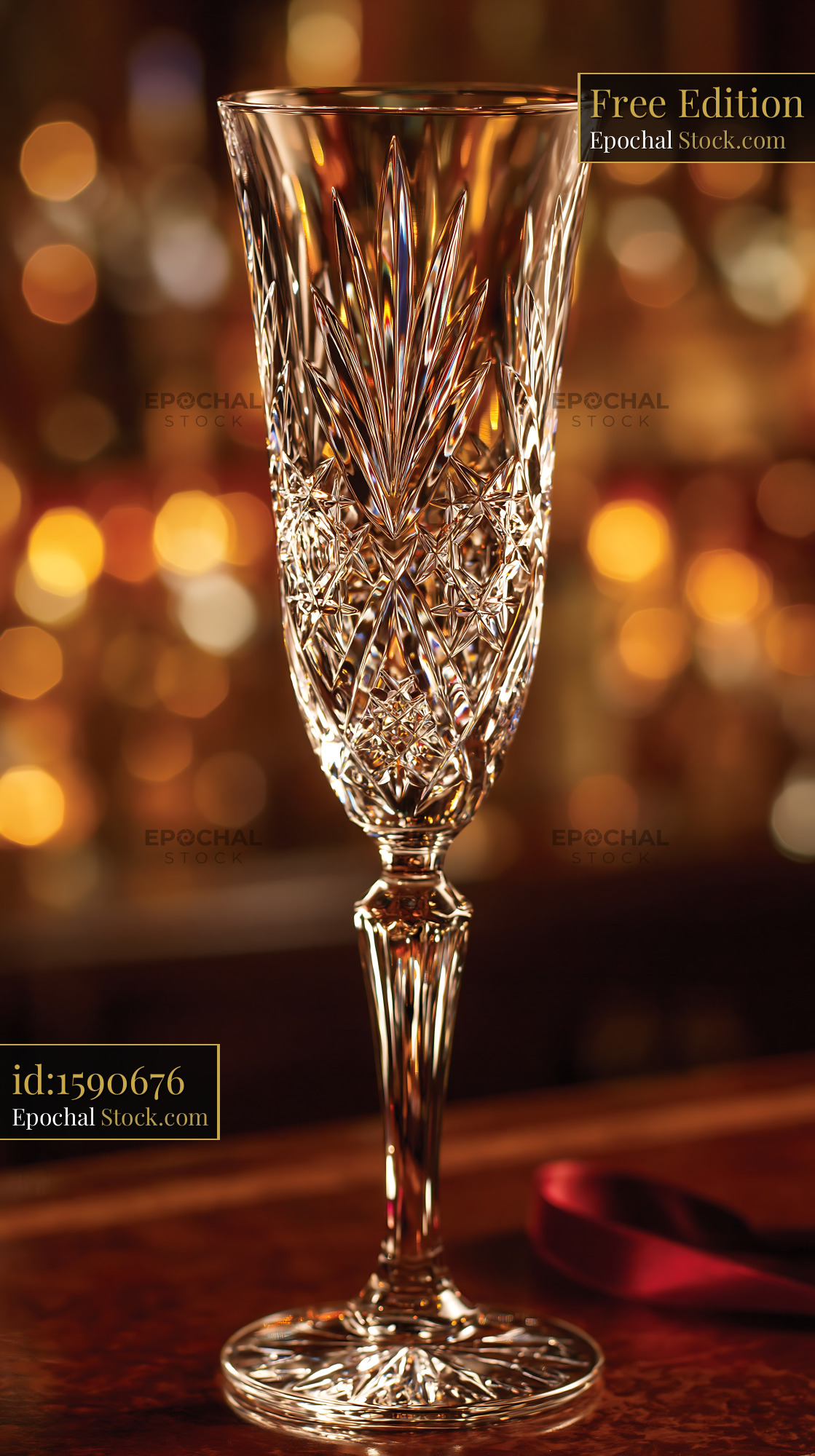 Crystal champagne glass on a wooden bar with golden bokeh lights - stock photo