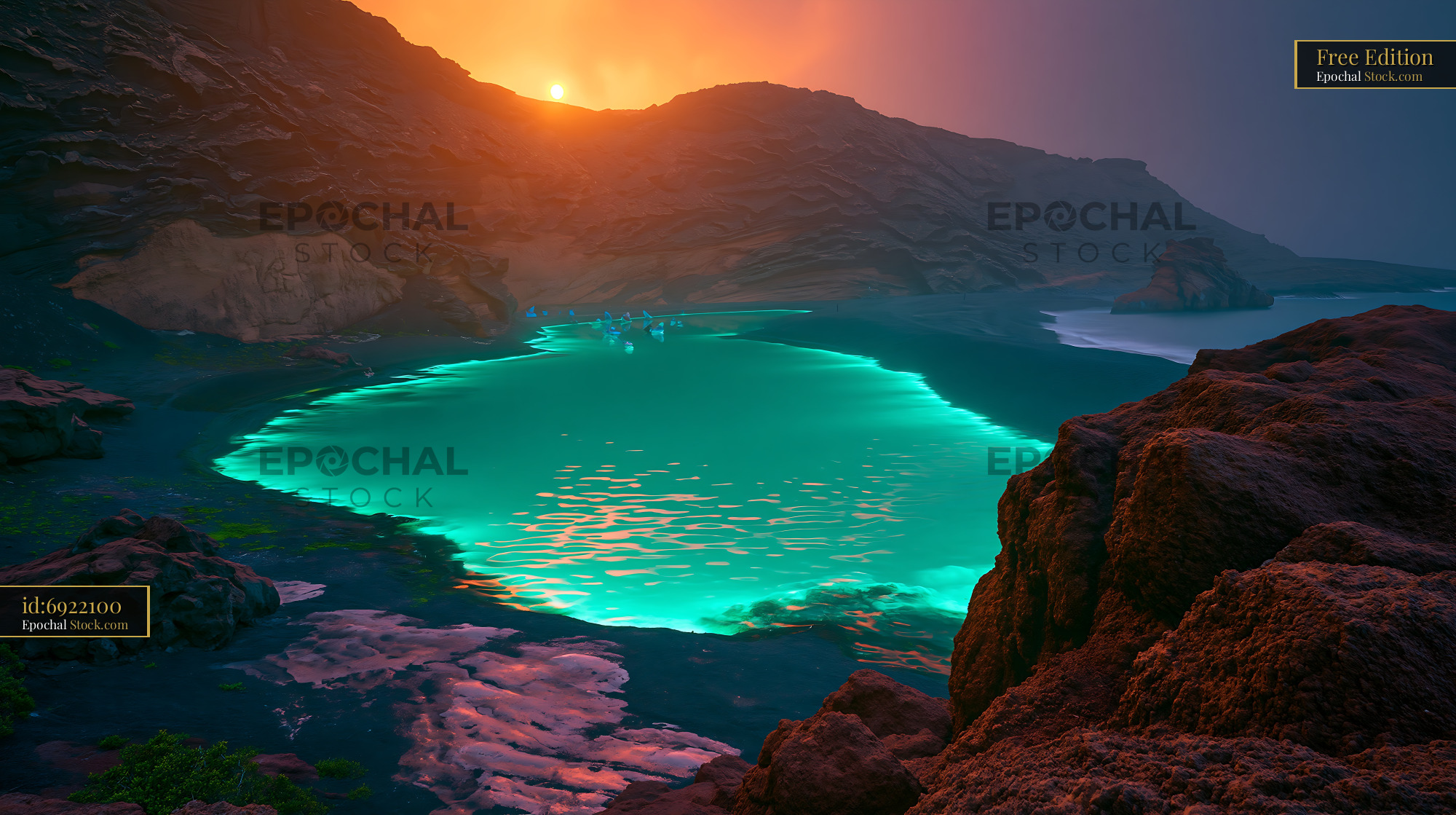 Bioluminescent lagoon on a black sand beach at sunset - stock photo