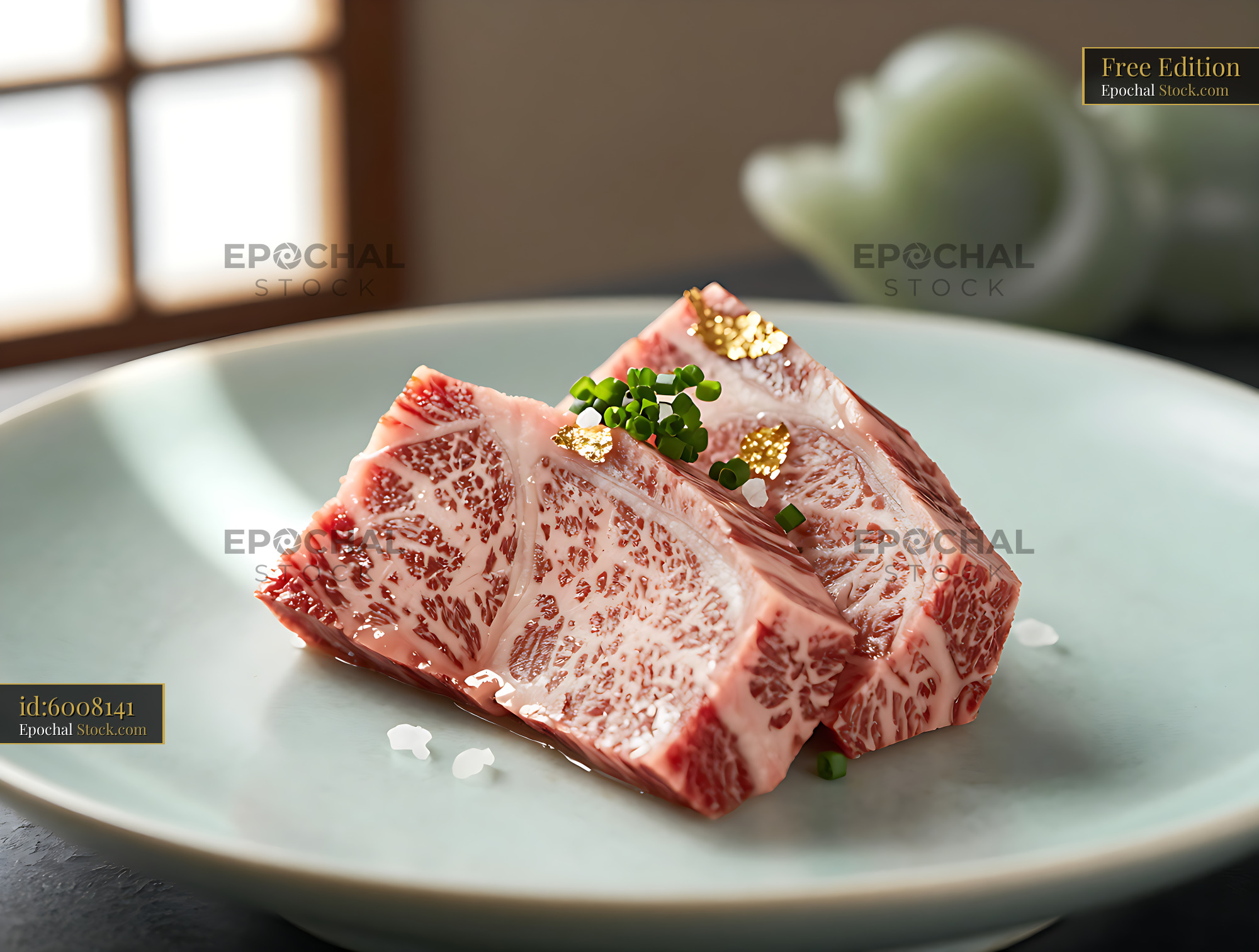 Wagyu sashimi with gold leaf and chives served on a ceramic plate - stock photo