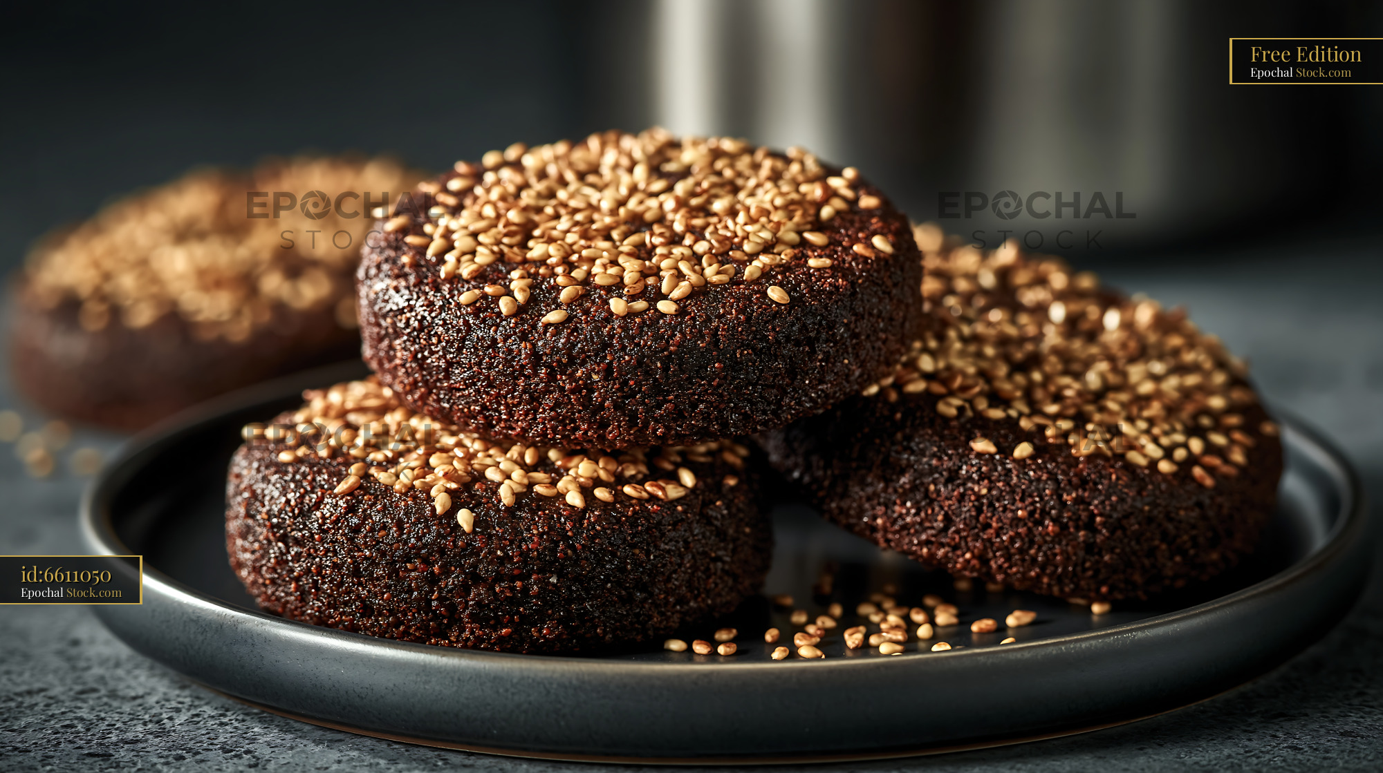 Dibs el kharroub biscuits topped with sesame seeds on a dark plate - stock photo