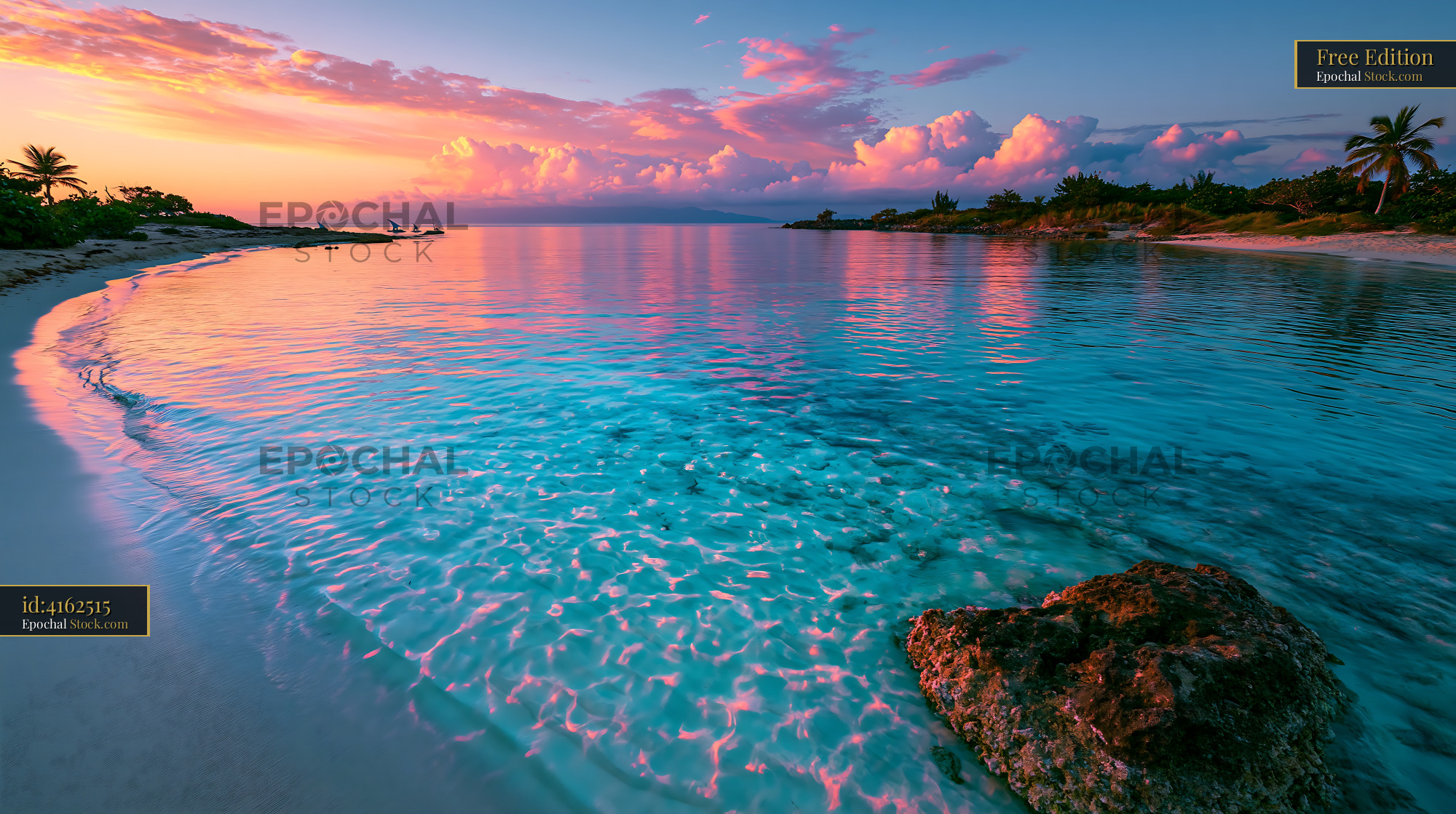 Serene tropical beach with turquoise water and vibrant pink sunset - stock photo