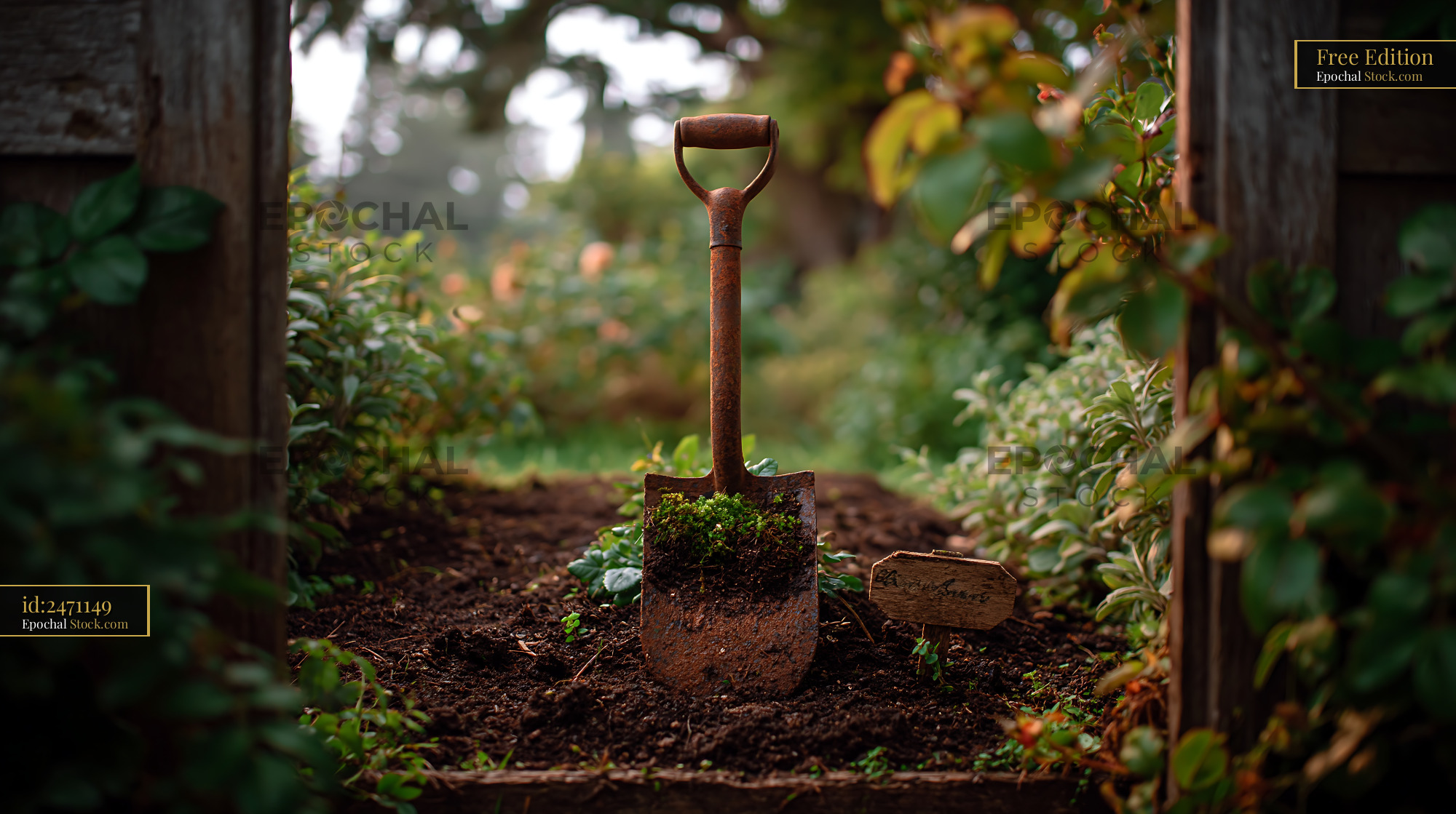 Rusty garden spade in dark soil of a lush rose bed - stock photo