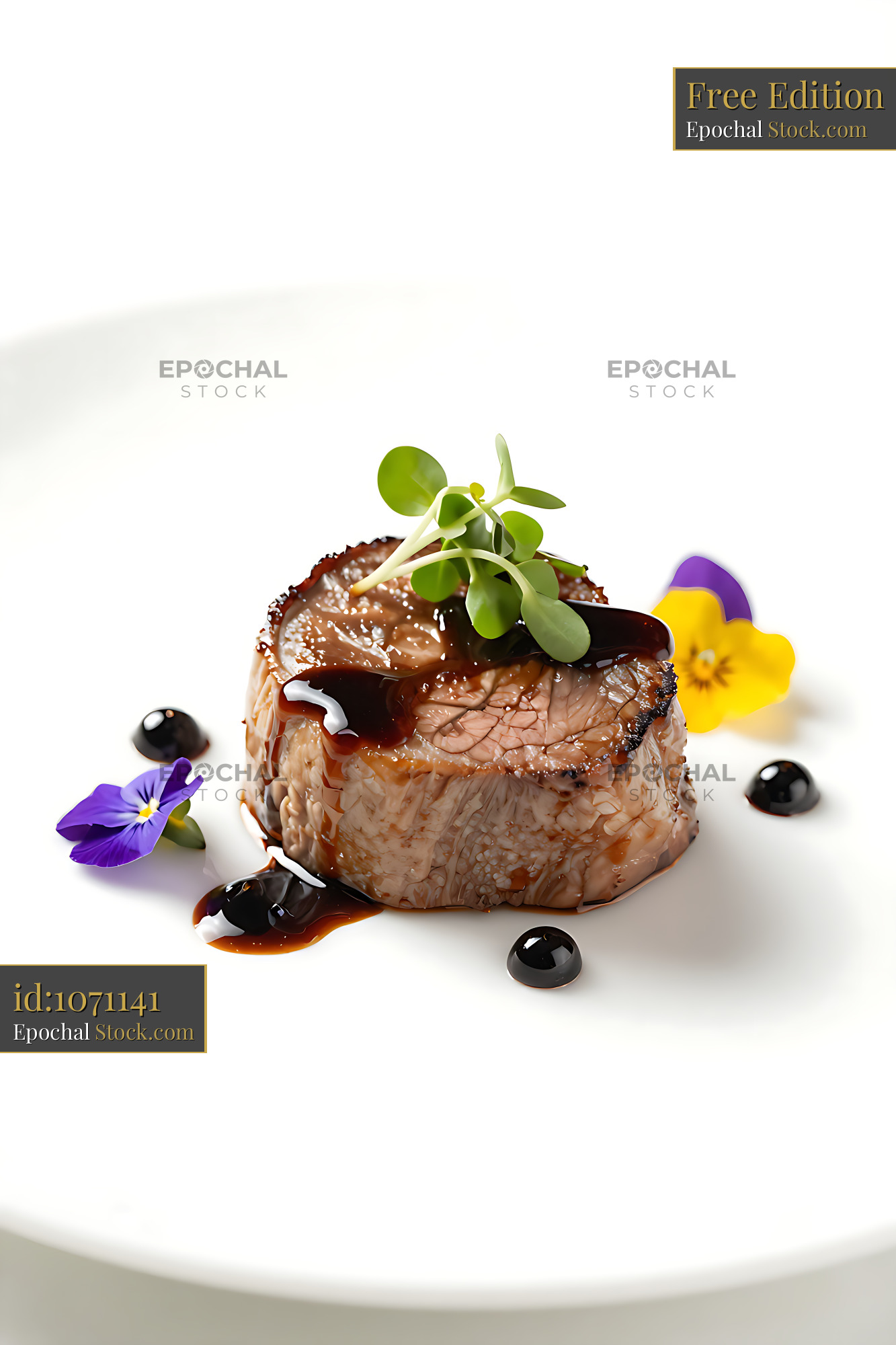 Gourmet wagyu tongue with aged black vinegar and edible flowers - stock photo