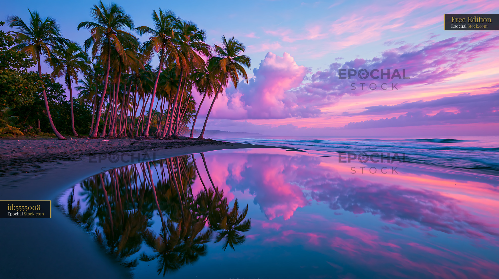 Palm trees reflecting in a tidal pool on a tropical beach at sunset - stock photo