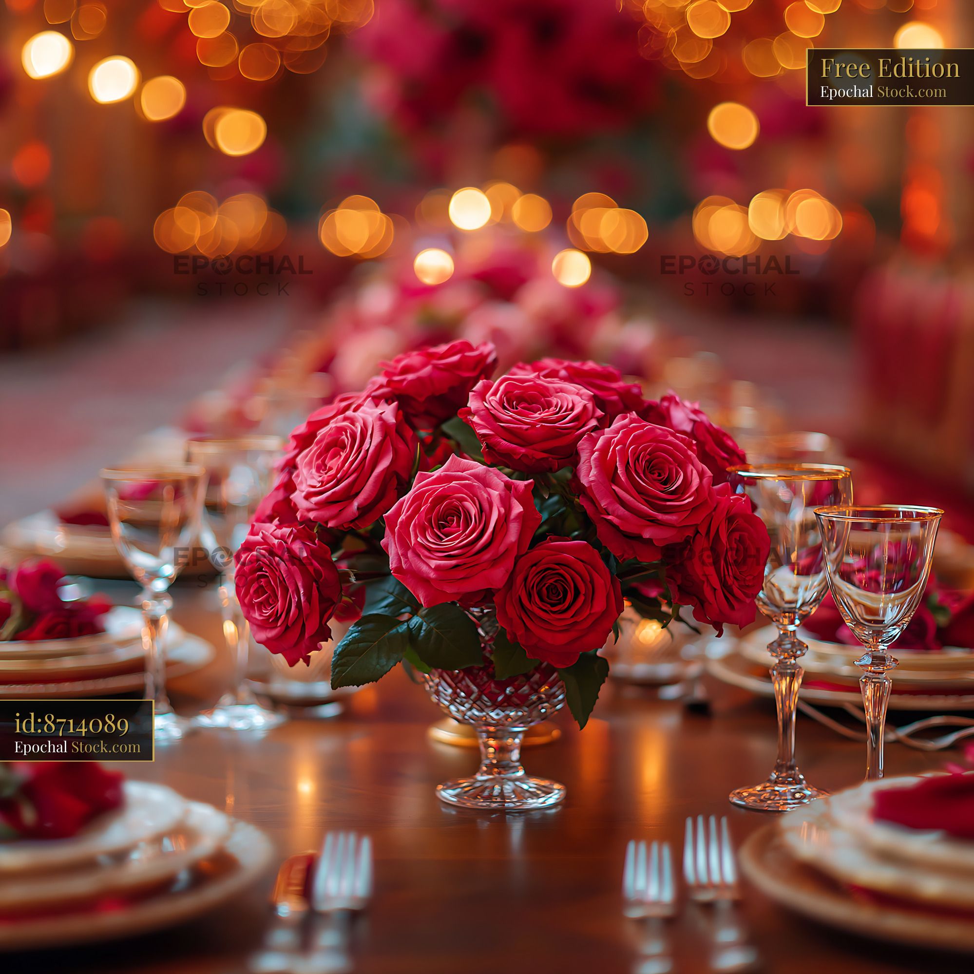Elegant gala dinner table with red roses centerpiece and warm bokeh - stock photo