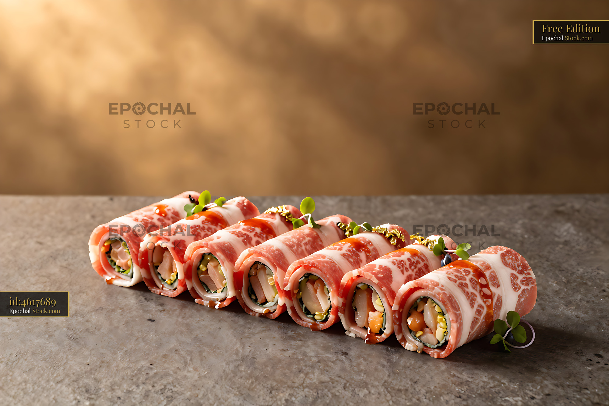 Phoenix-Tail Wagyu Roll with marbled beef and microgreens on stone - stock photo