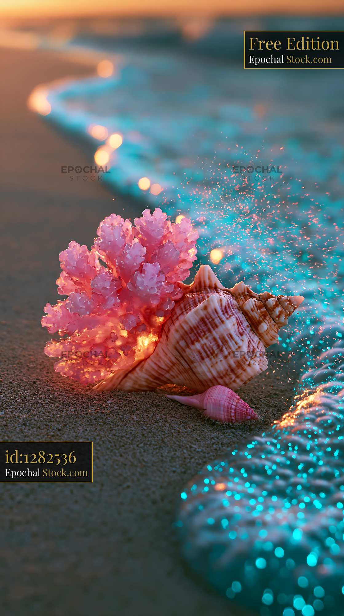 Seashell and pink coral on a beach with bioluminescent ocean waves - stock photo
