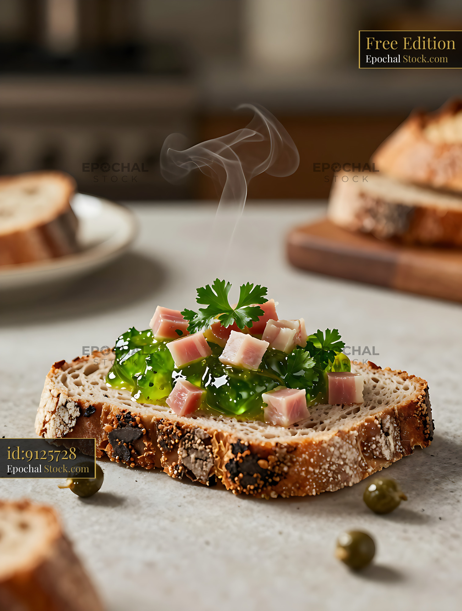Traditional Jambon Persille de Bourgogne on a slice of rustic bread - stock photo