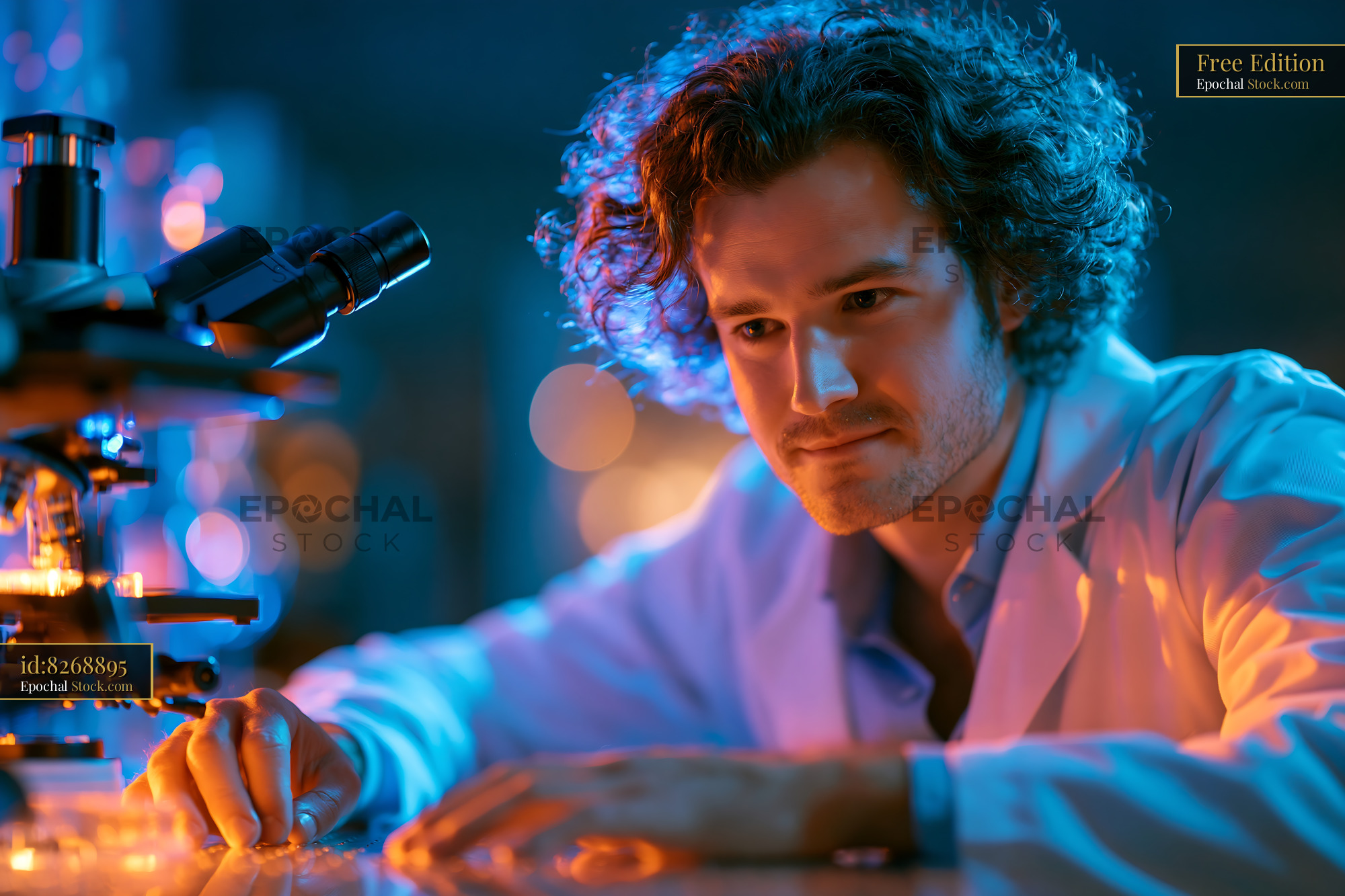 Young scientist using a microscope for DNA research in a laboratory - stock photo