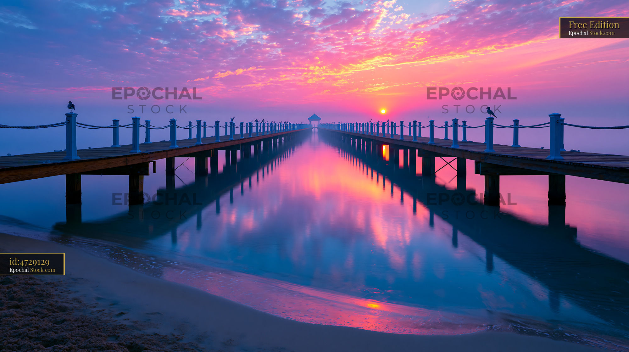 Symmetrical wooden pier at vibrant pink sunrise over calm ocean - stock photo