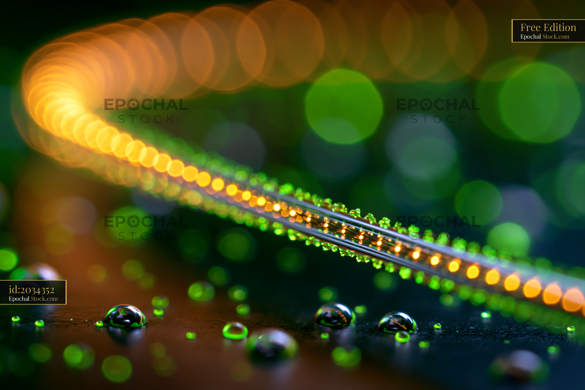 Hollow core photonic crystal fiber with glowing light and droplets - stock photo