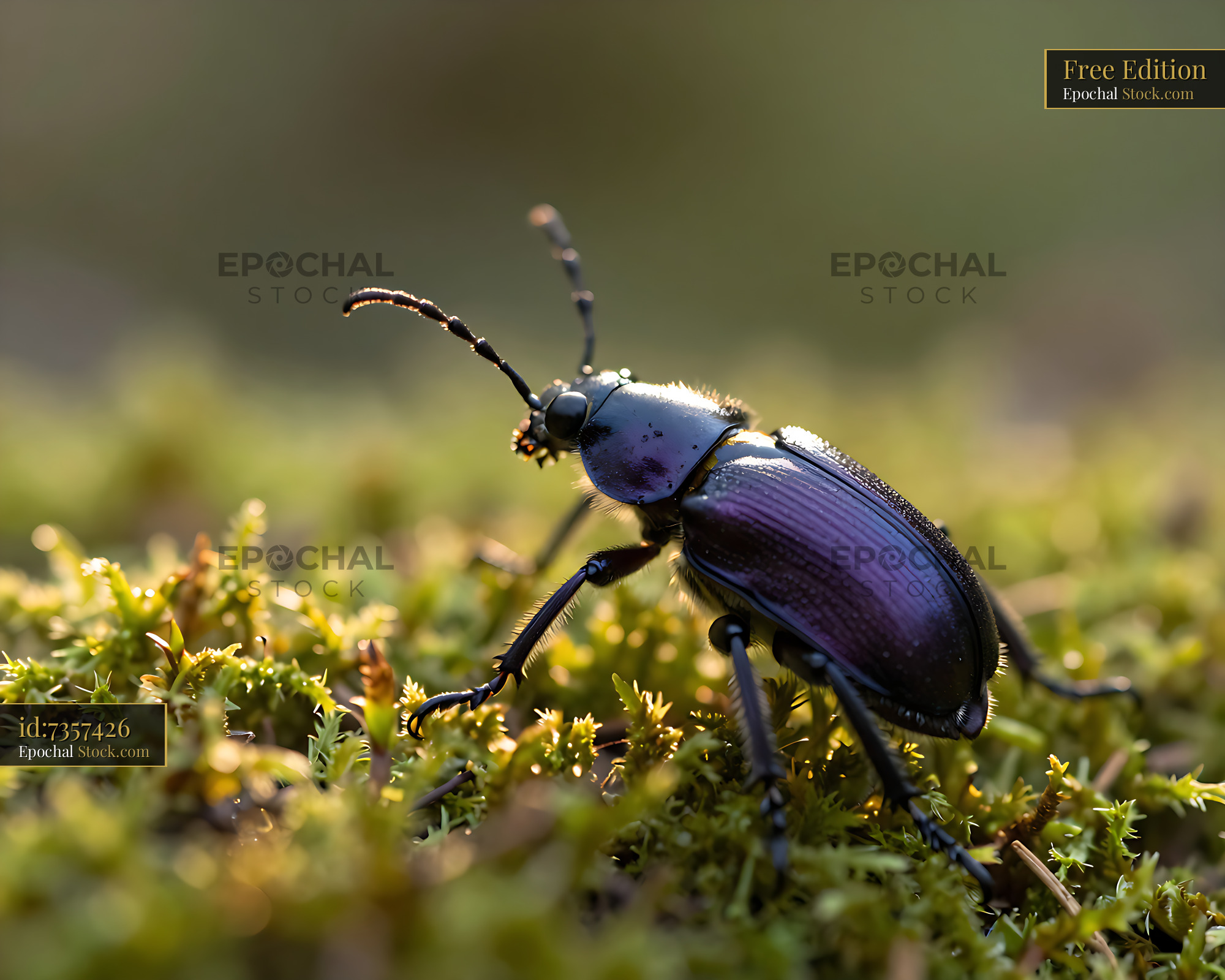 Violet ground beetle crawling on green moss in golden hour light - stock photo