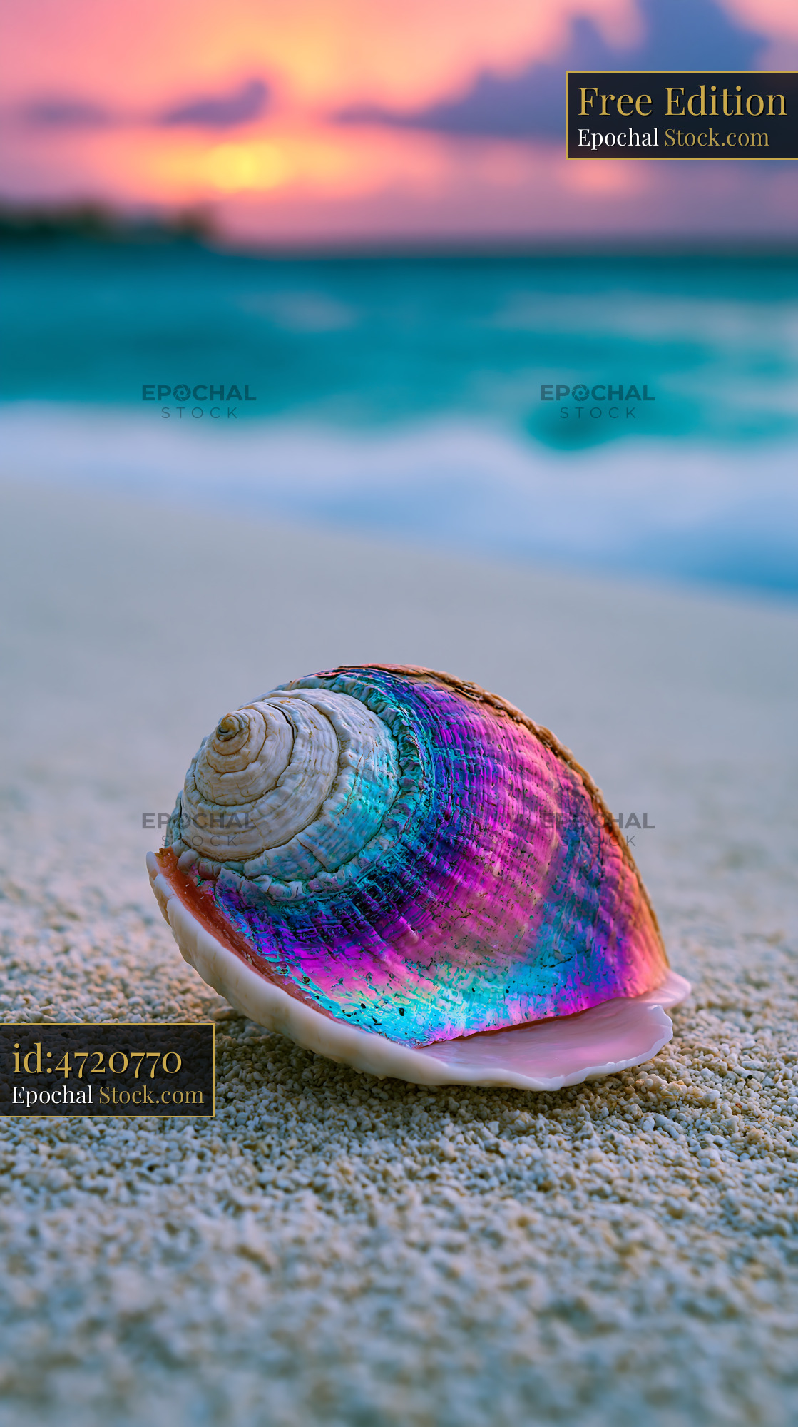 Iridescent seashell on a private white sand beach at sunset - stock photo