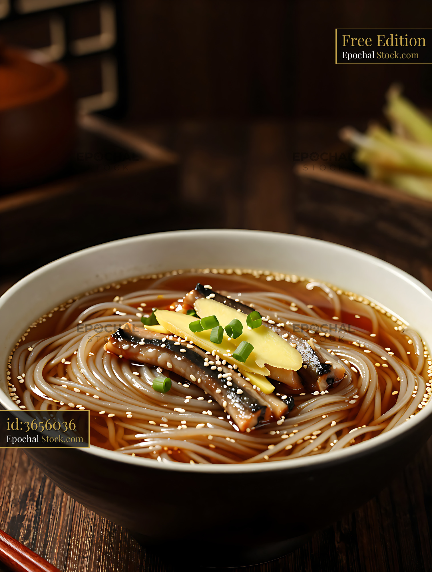 Ningbo Niang Mian noodle soup with eel and ginger in a ceramic bowl - stock photo
