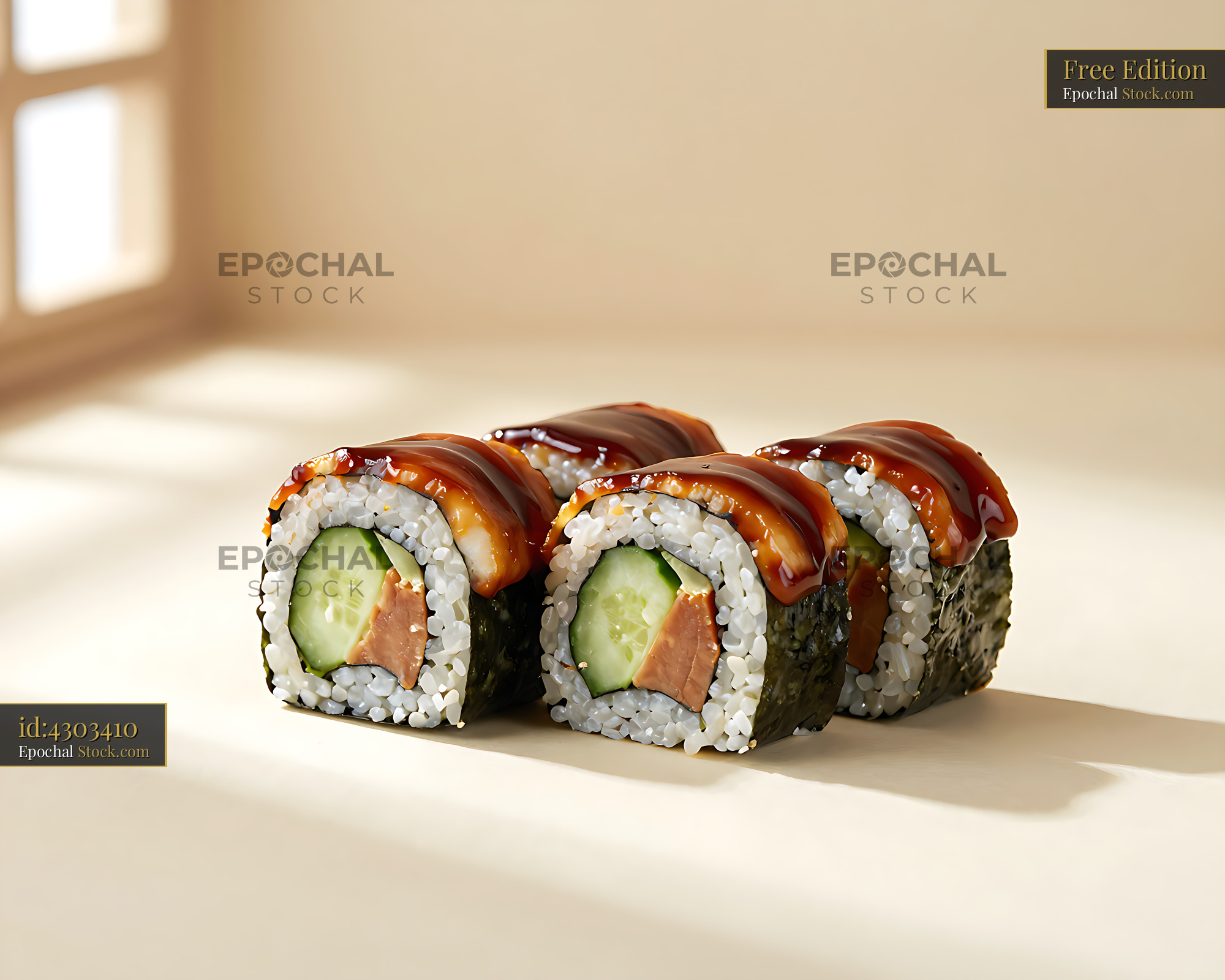 Fresh anakyu maki sushi rolls with glazed sea eel and cucumber - stock photo