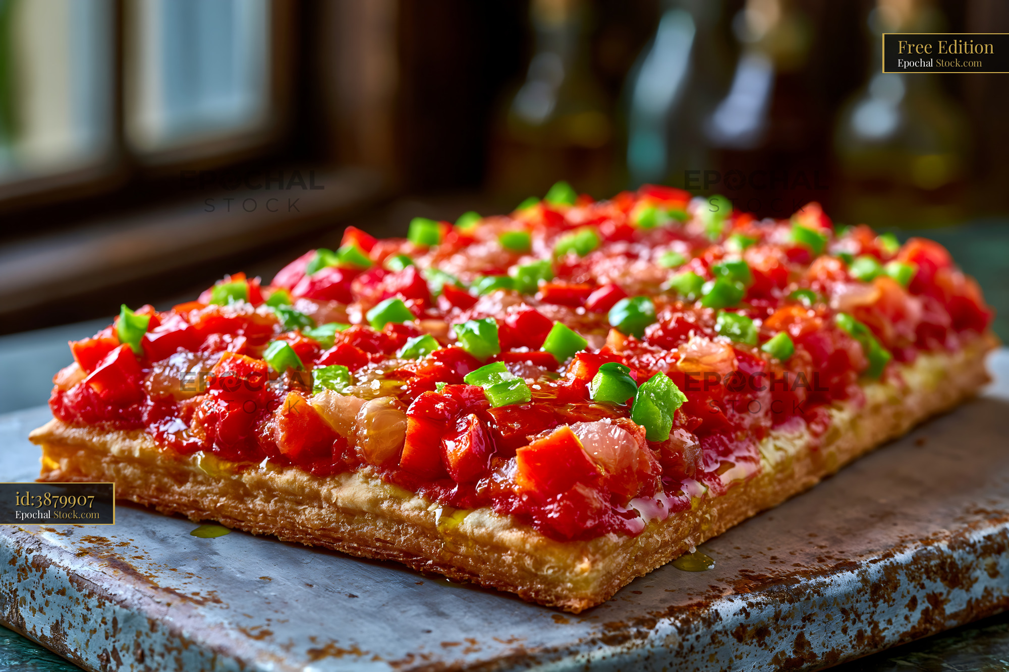 Traditional Mallorcan coca de tremp pizza topped with fresh peppers - stock photo