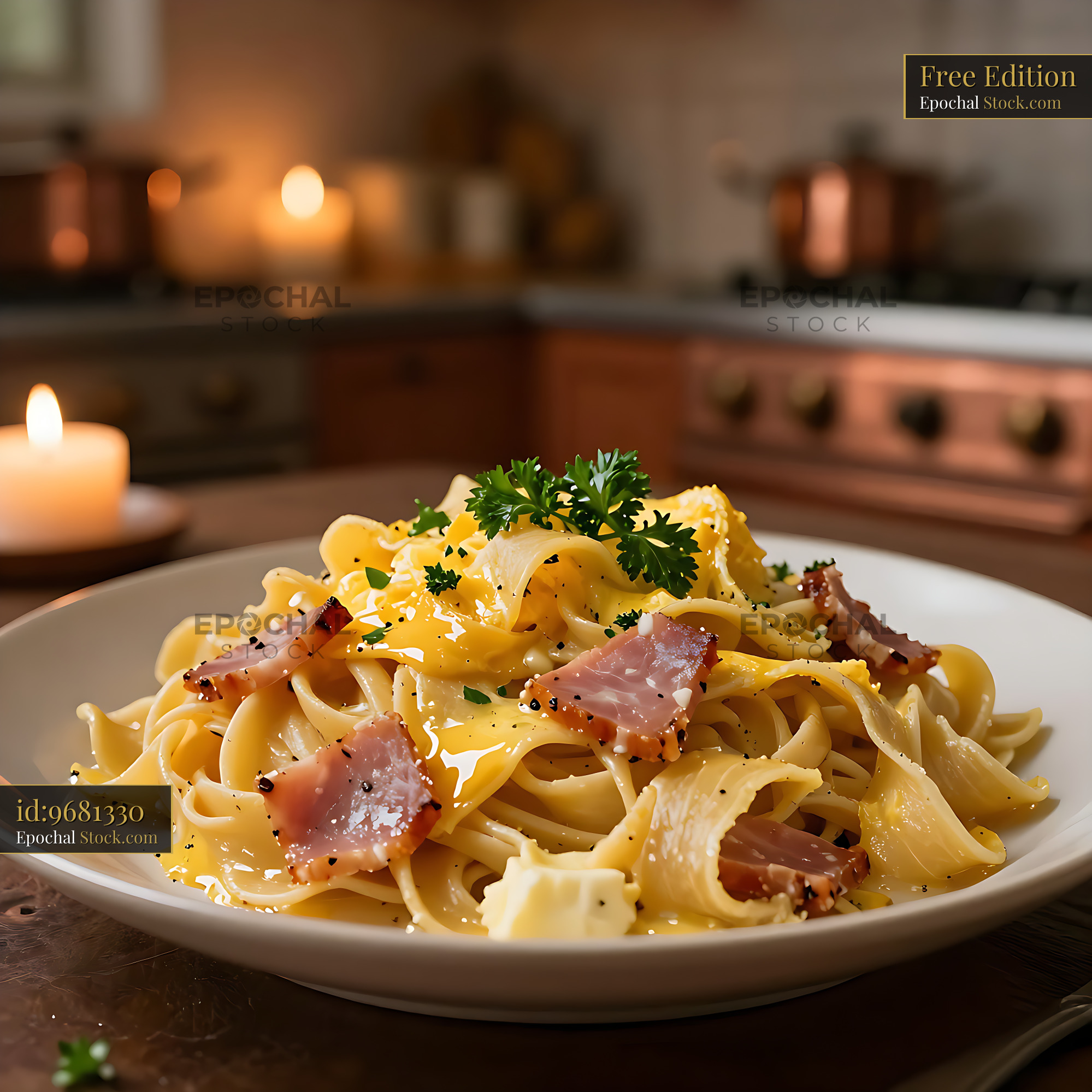 Tagliatelle pasta with ham and creamy egg sauce in a cozy kitchen