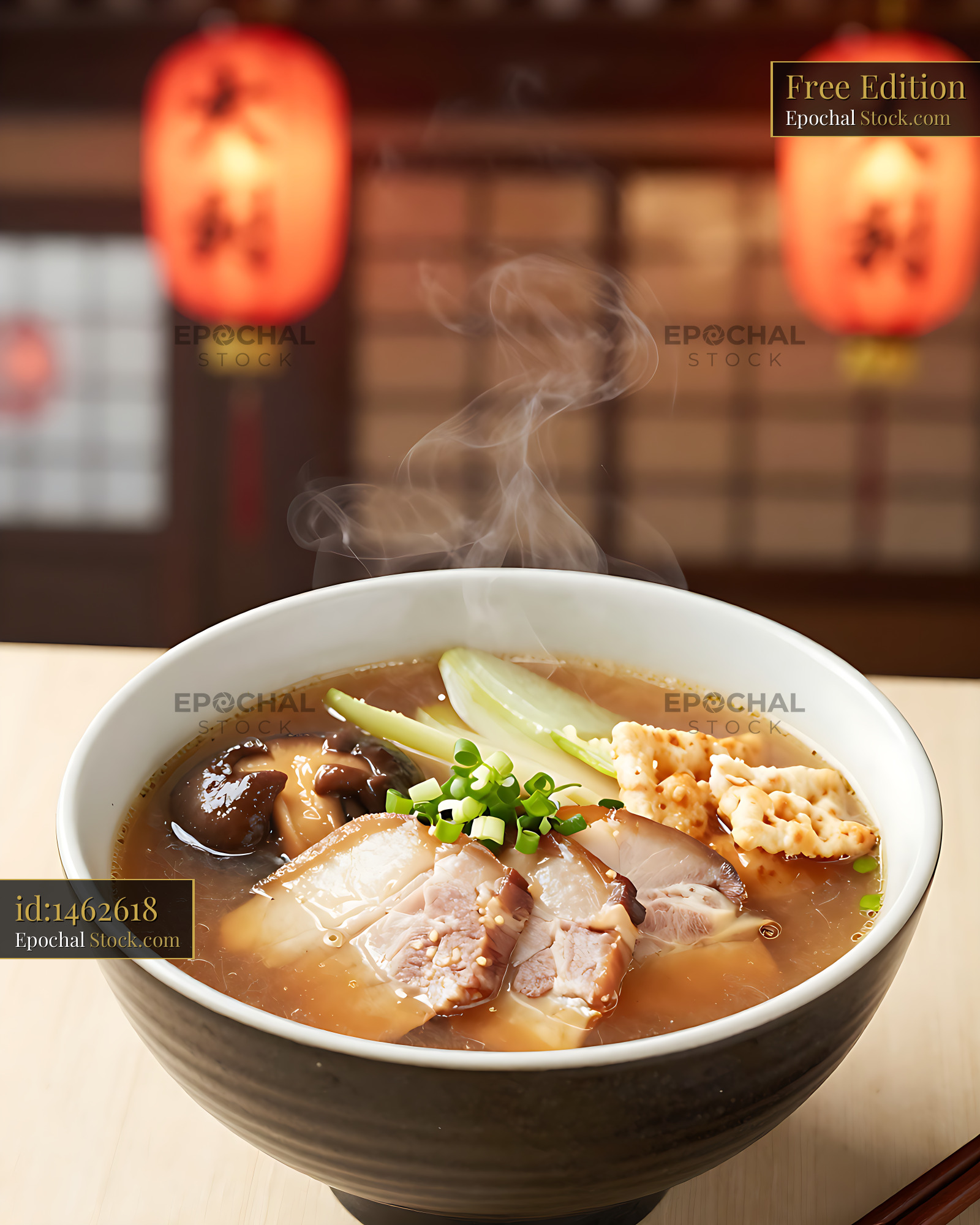 Steaming bowl of Aomori Tsugaru Senbei Jiru Buta with pork and cracker - stock photo