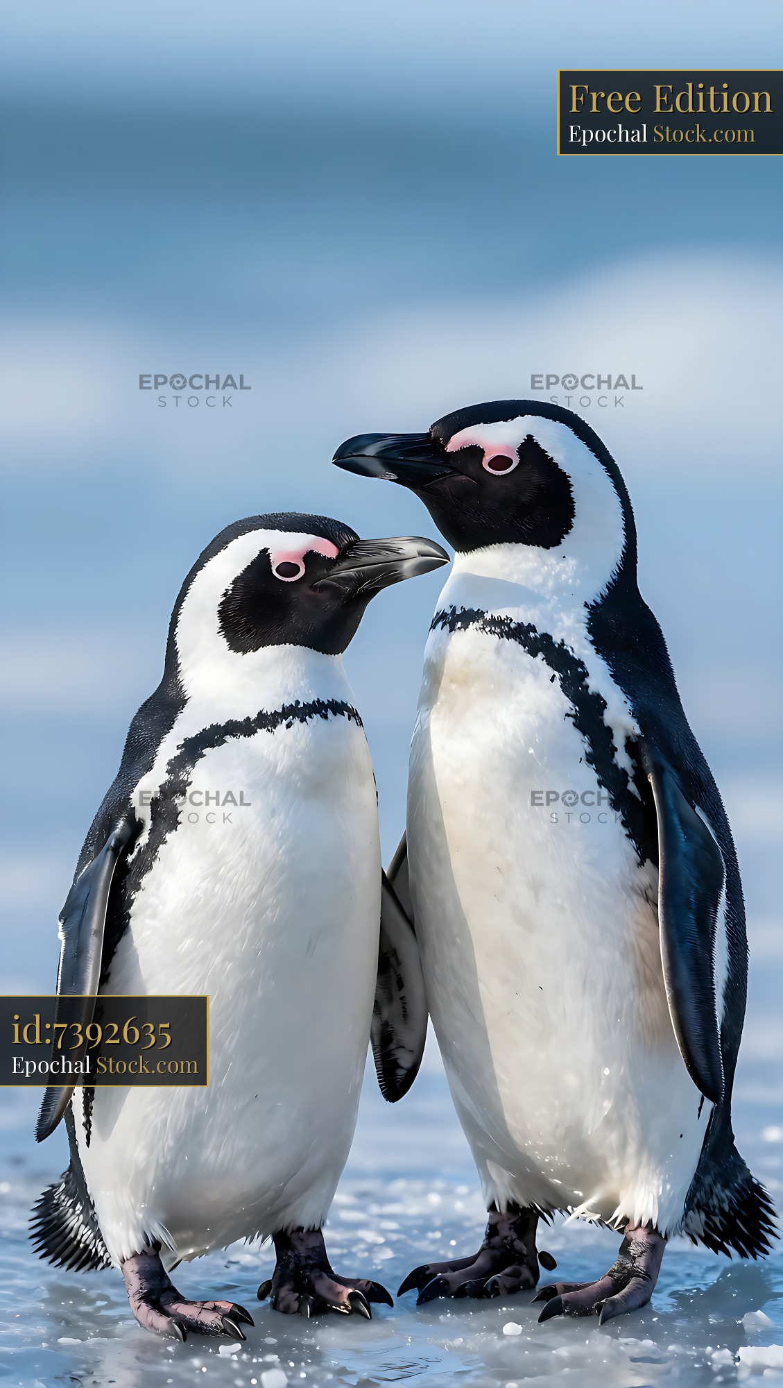 Pair of African penguins standing together on a beach at the ocean - stock photo