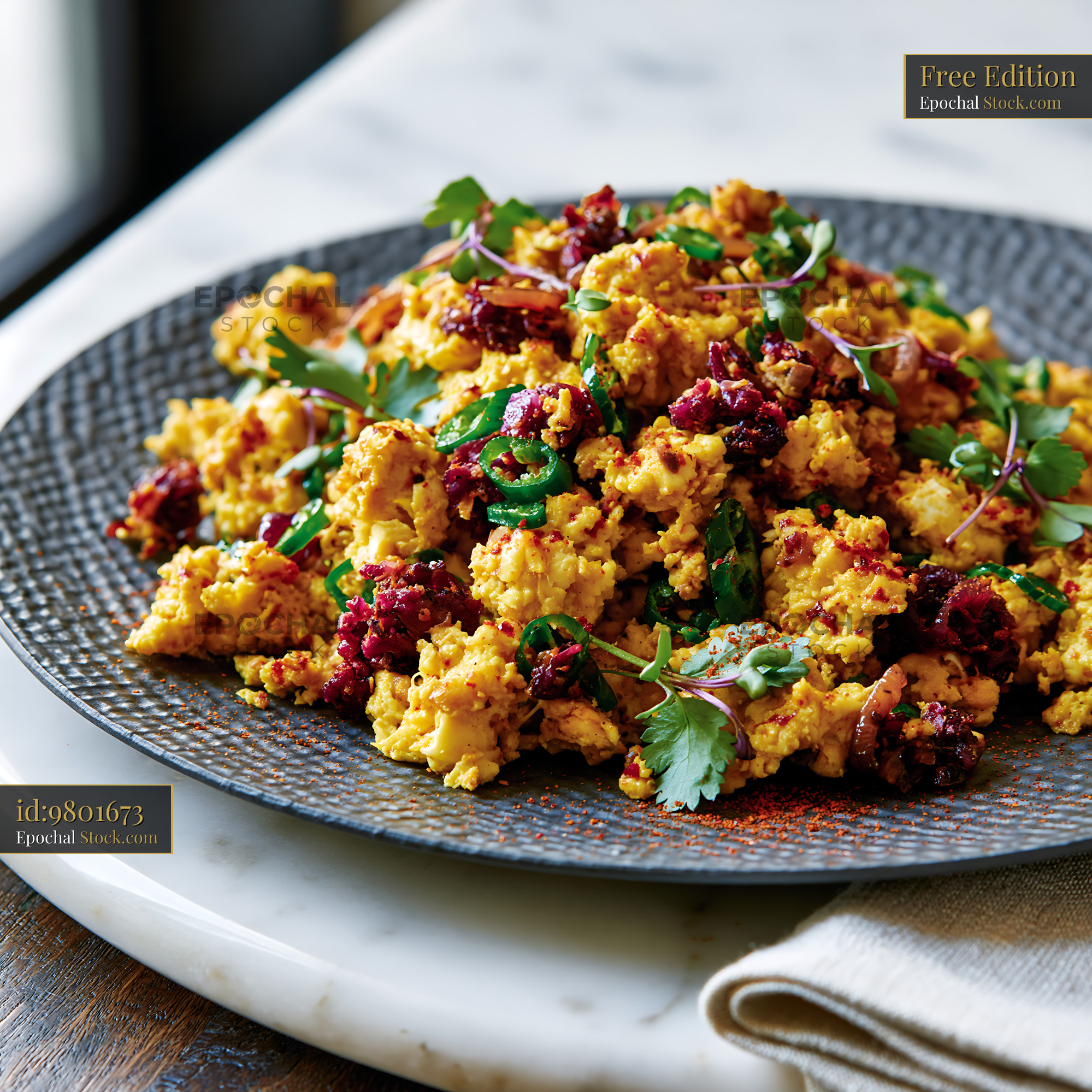 Spicy Indian egg bhurji with fresh herbs and chilies on a dark plate - stock photo