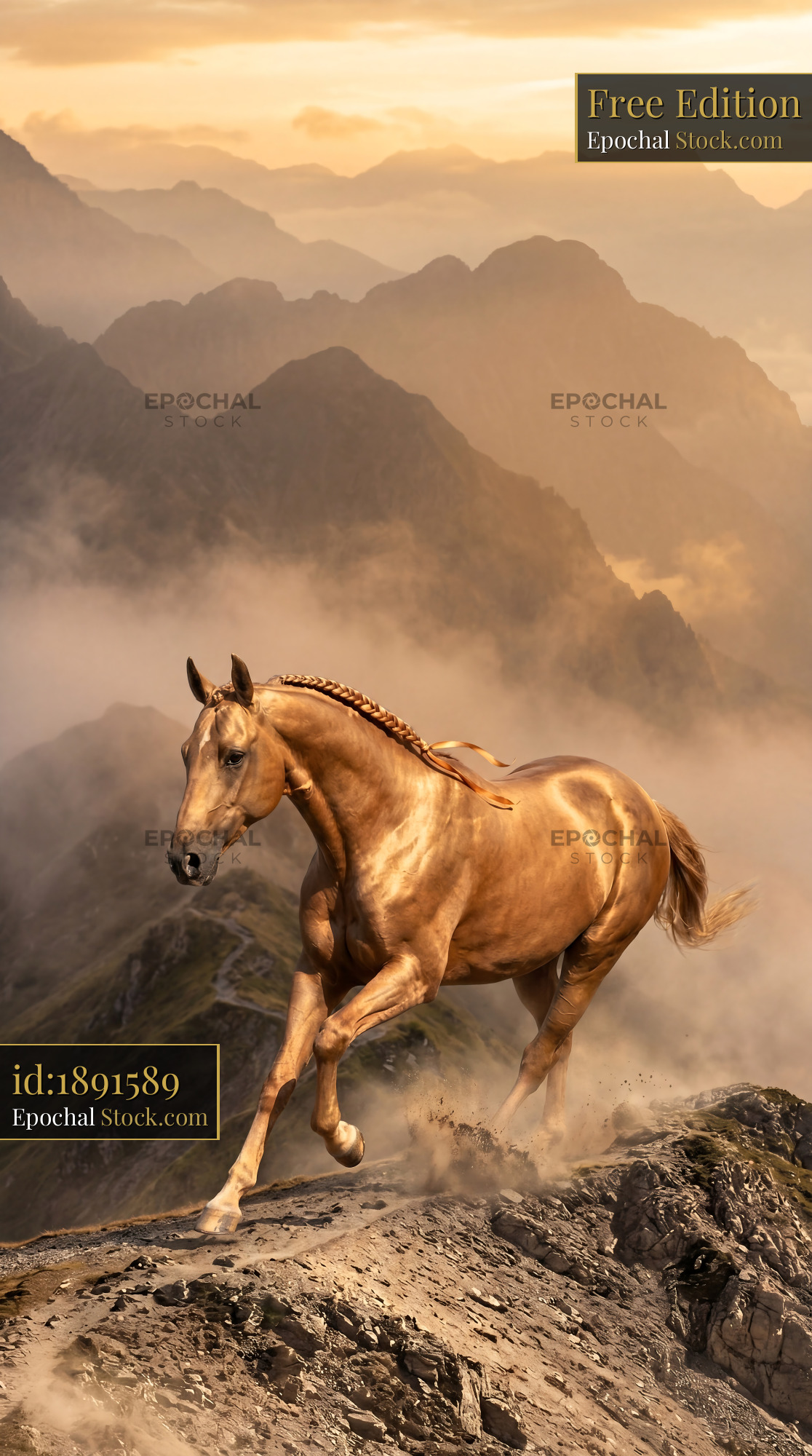 Majestic golden horse galloping on a misty mountain ridge at sunset - stock photo