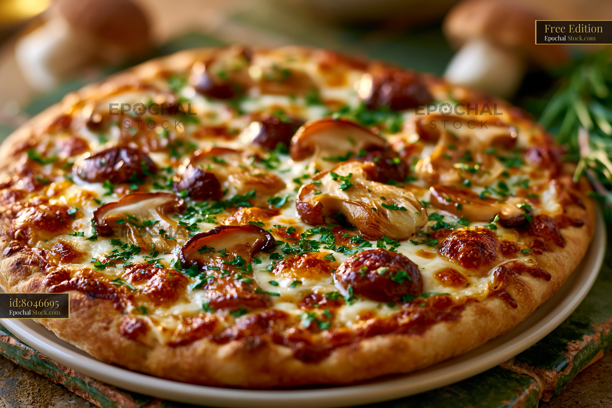 Freshly baked porcini mushroom pizza with melted cheese and herbs - stock photo