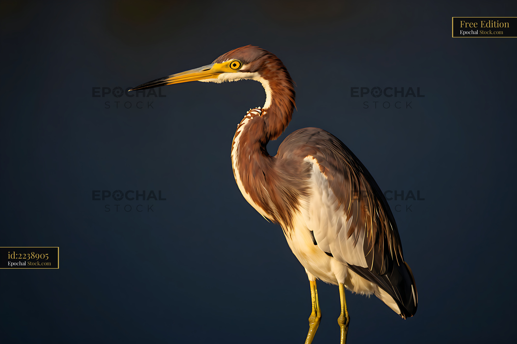Tricolored heron standing in golden hour light against dark background